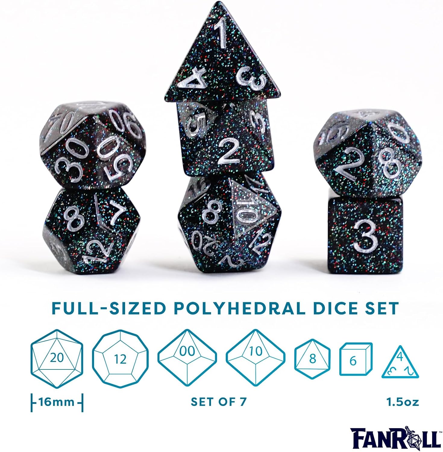 FanRoll 16mm Resin Poly DND Dice Set: Astro Mica, Role Playing Game Dice for Dungeons and Dragons