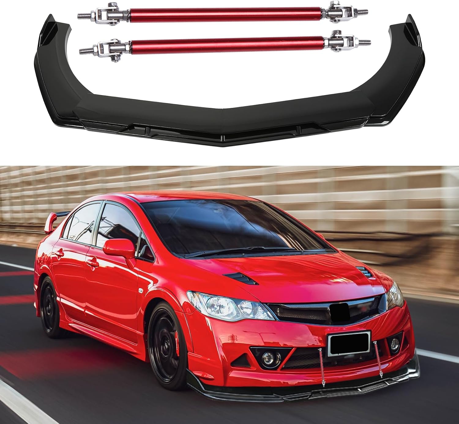 JMTBNO Car 4PCS Front Bumper Lip Spoiler Splitter Front Bumper Lip Air Dams Body Kit with Red Strut Rods Compatible with Honda Civic Accord Hyundai Chevy Silverado Dodge Cadillac Nissan Altima Ford