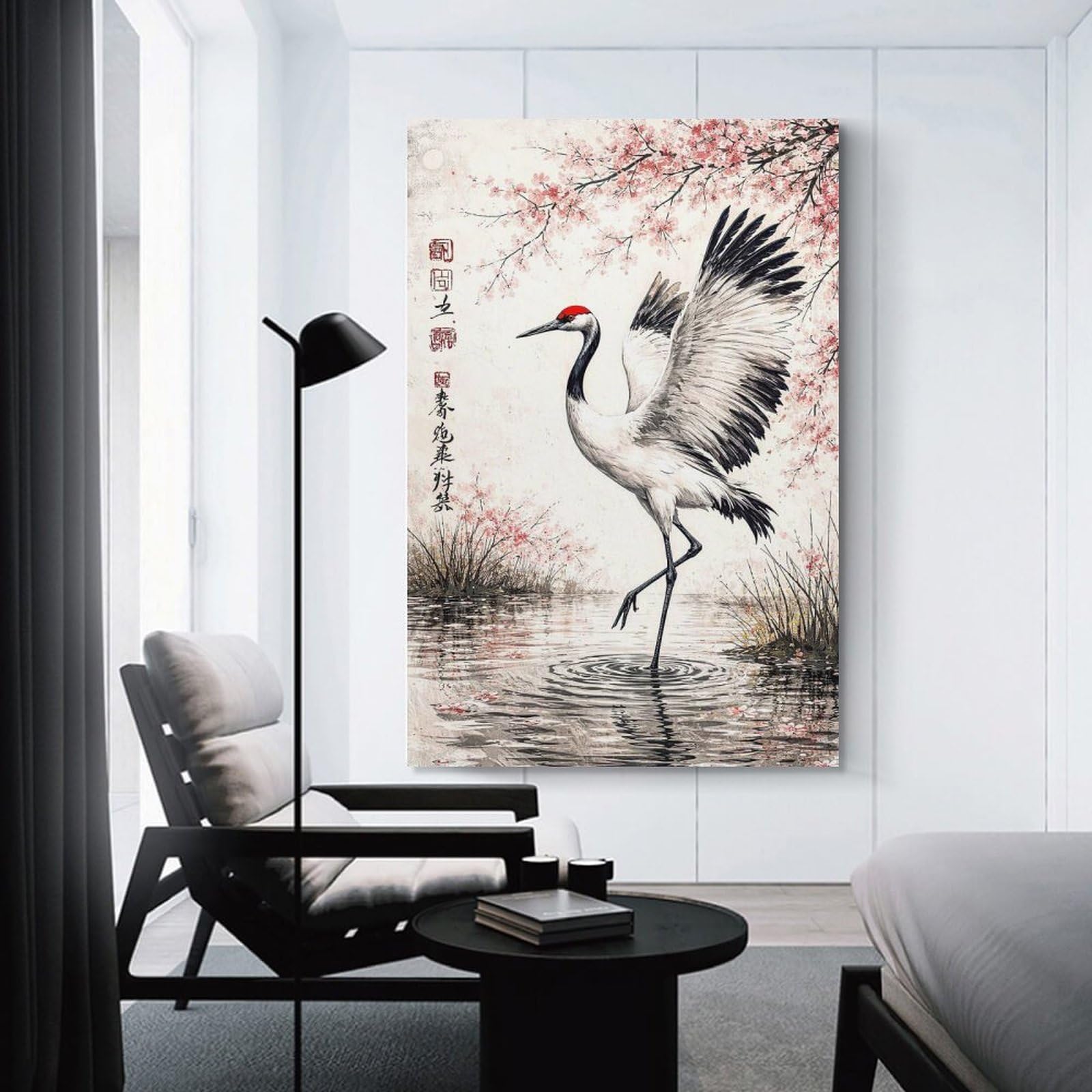 Junmoney Red-crowned Crane And Cherry Blossoms Home Decor Wall Art 24x36inch(60x90cm), for Living Room, Bedroom Or Home Office, Decorative Present for New Homes