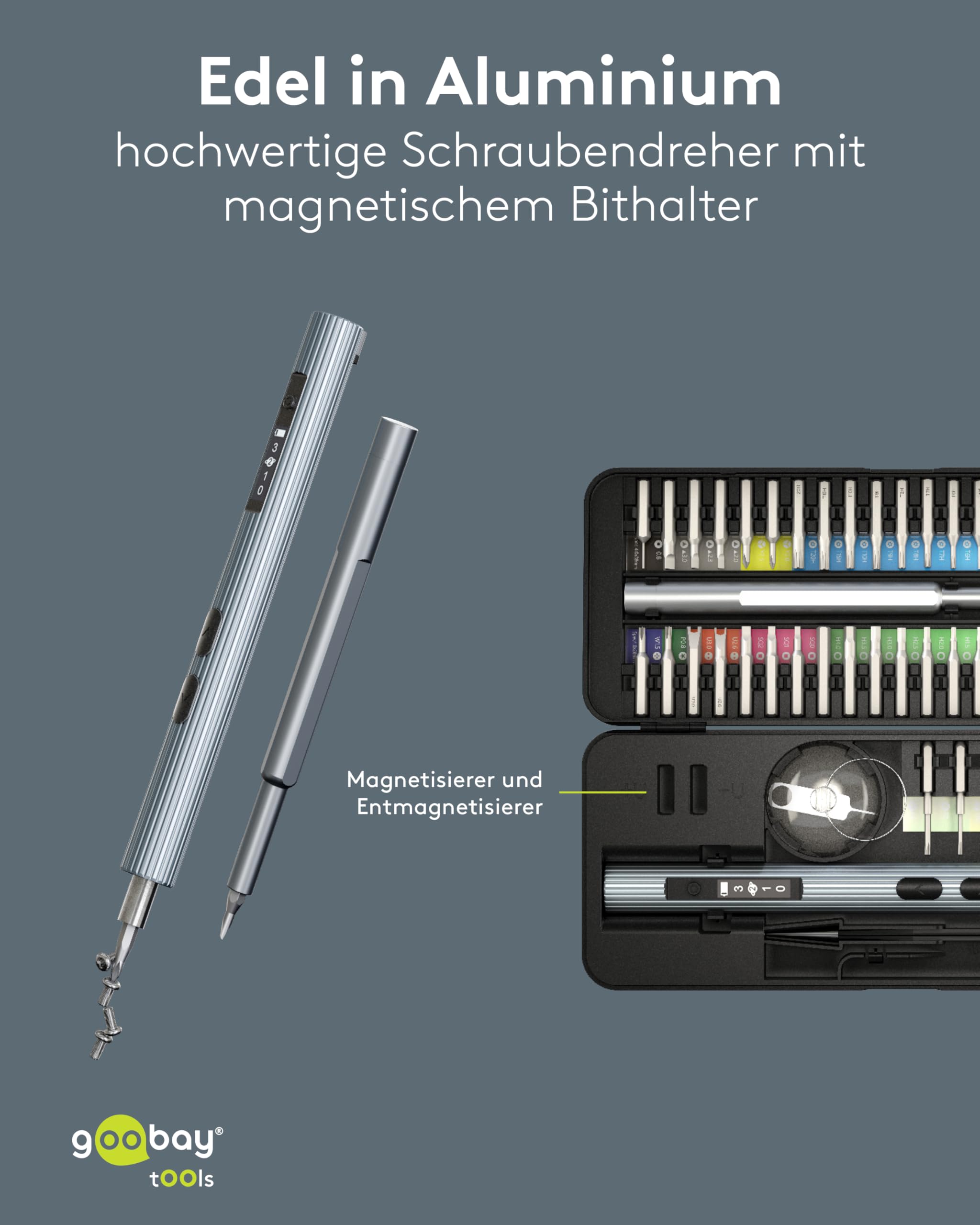 goobay Elektrischer Akkuschraubendreher 58in1 mit 50 Präzisions-Bits, magnetischem Aluminium-Case, 3 Drehmomentstufen, LED-Licht, USB-C-Ladung, Werkzeug-Set für Elektronik, Smartphone & PC