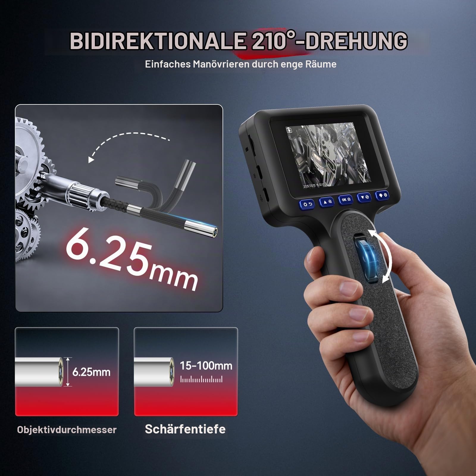 Endoskopkamera mit Licht 6,25mm Inspektionskamera Beweglicher Kopf, Teleskopkamera Kann mit Mobiltelefonen und Diagnosegeräten verbunden Werden IP67 Wasserdicht, 11 Sprachen, 1M