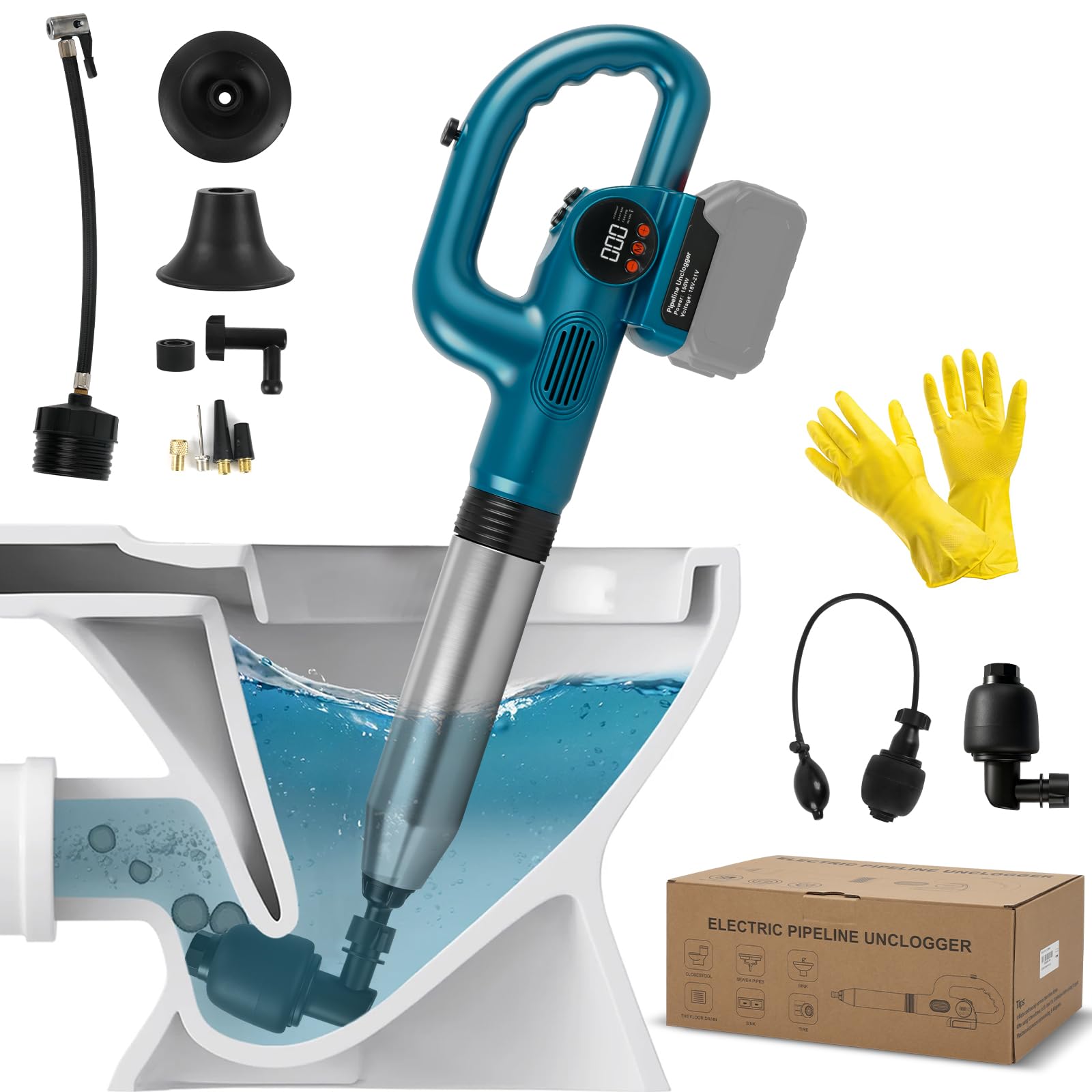 Kabelloser Abflussreiniger für Makita 18V-Akku (ohne Batterie) | 120W Akku-Rohrreiniger, mit 4 Aufsätzen, Druckanzeige, max. Druck 8 bar, für Toiletten, Waschbecken, Badewannen