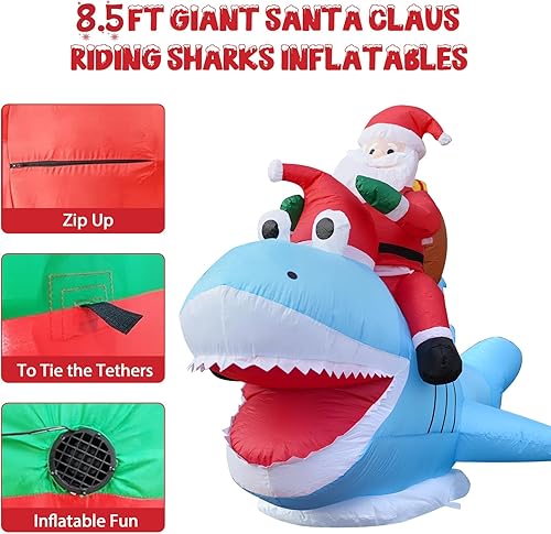 Miniatura 7 de Decoraciones inflables de Navidad al aire libre, 8.5 pies, divertido tiburón inflable de Santa montando, decoración de patio al aire libre,