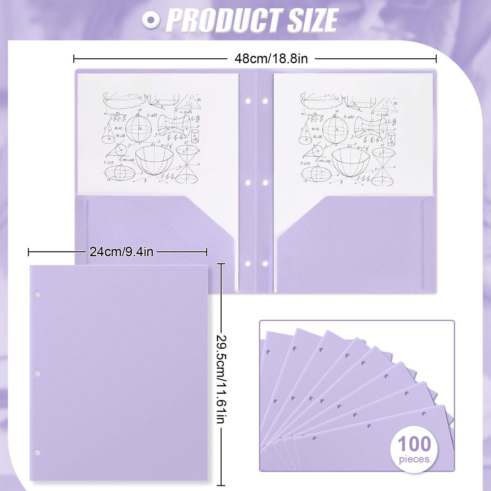 Yeaqee Kunststoff-Ordner mit Taschen, 3-fach gelocht, 2 Taschen, Aktenordner für 3-Ringbinder, Trennblätter für Notizbücher, strapazierfähiges Polymaterial für Büro und Zuhause, 100 Stück (Hellviolett