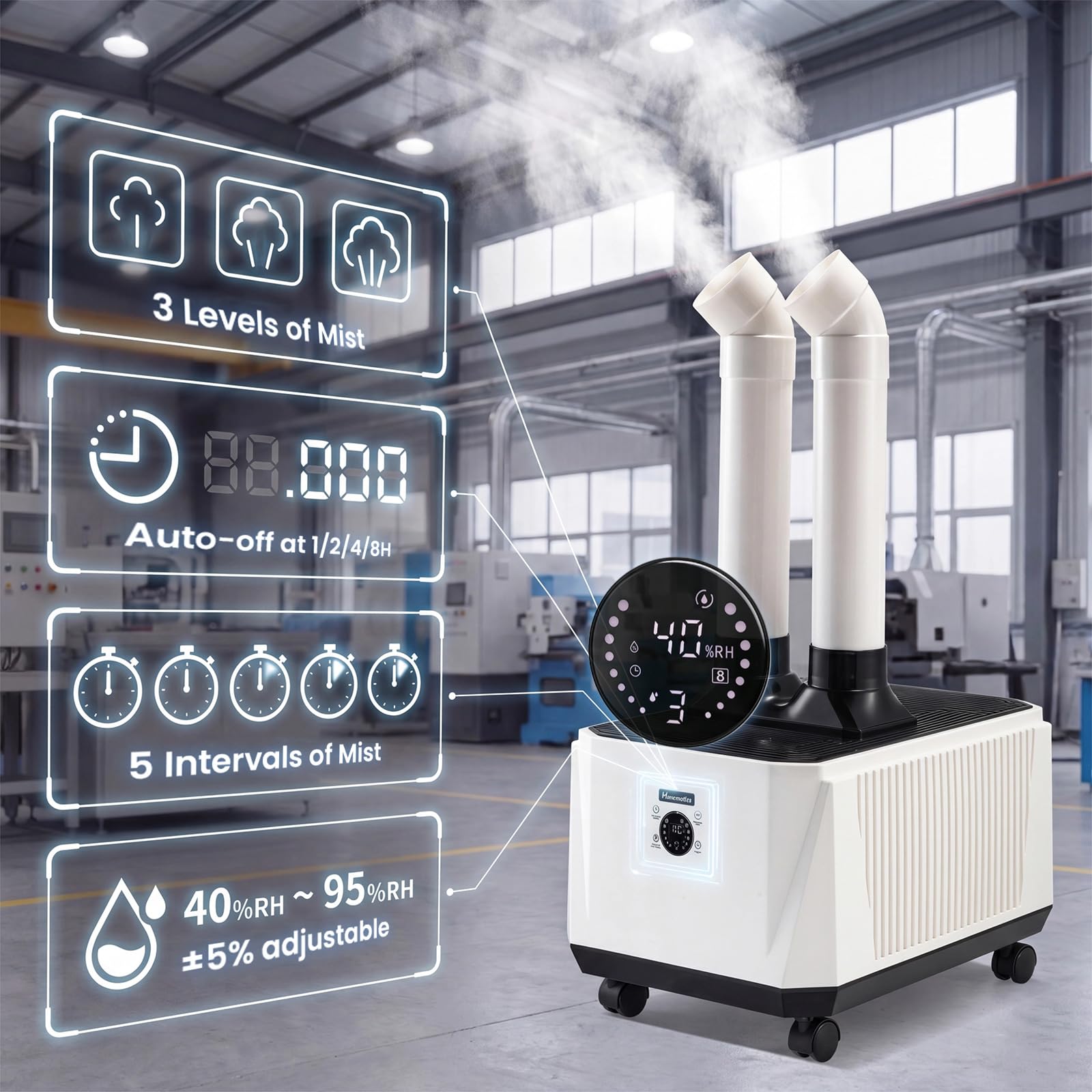 Mxmoonant Umidificatore industriale 8000ml/H, 3 livelli, 16 nuclei | doppie uscite, pannello touch smart con timer, funzione intervallo