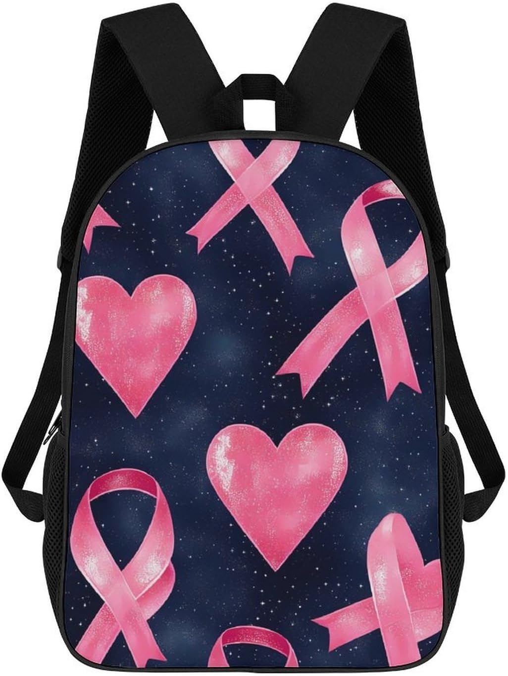 Breast Cancer Ribbons Hearts Unisex Backpack 17" Casual Daypacks Simple Shoulders Bag for Camping Hiking Travel Gear