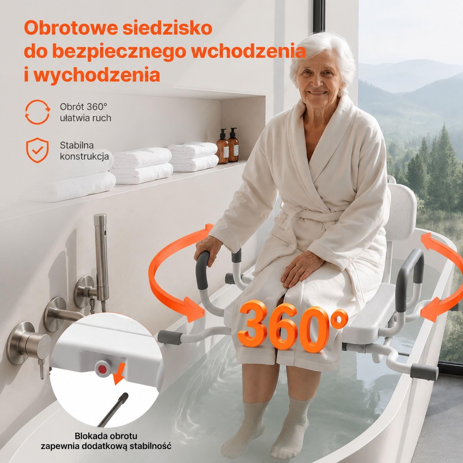 Obrotowe siedzisko prysznicowe z podłokietnikami i oparciem, regulowane do wanny oraz kabiny prysznicowej