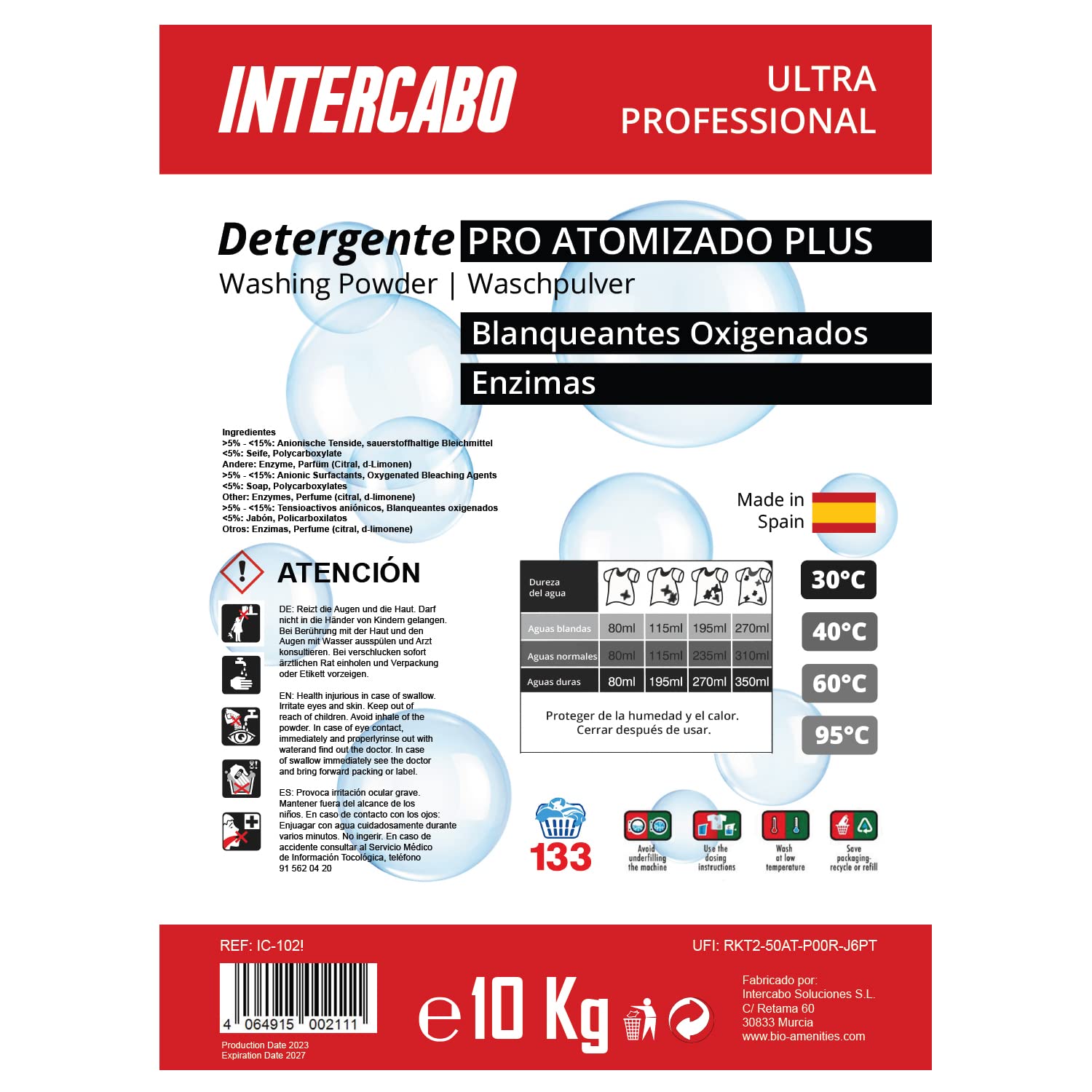 Detergente en polvo para lavadora 20 kg – con oxígeno activo y enzimas – fórmula atomizada para ropa blanca y de color – detergente profesional para lavandería – jabon en polvo ropa - ULTRA INTERCABO