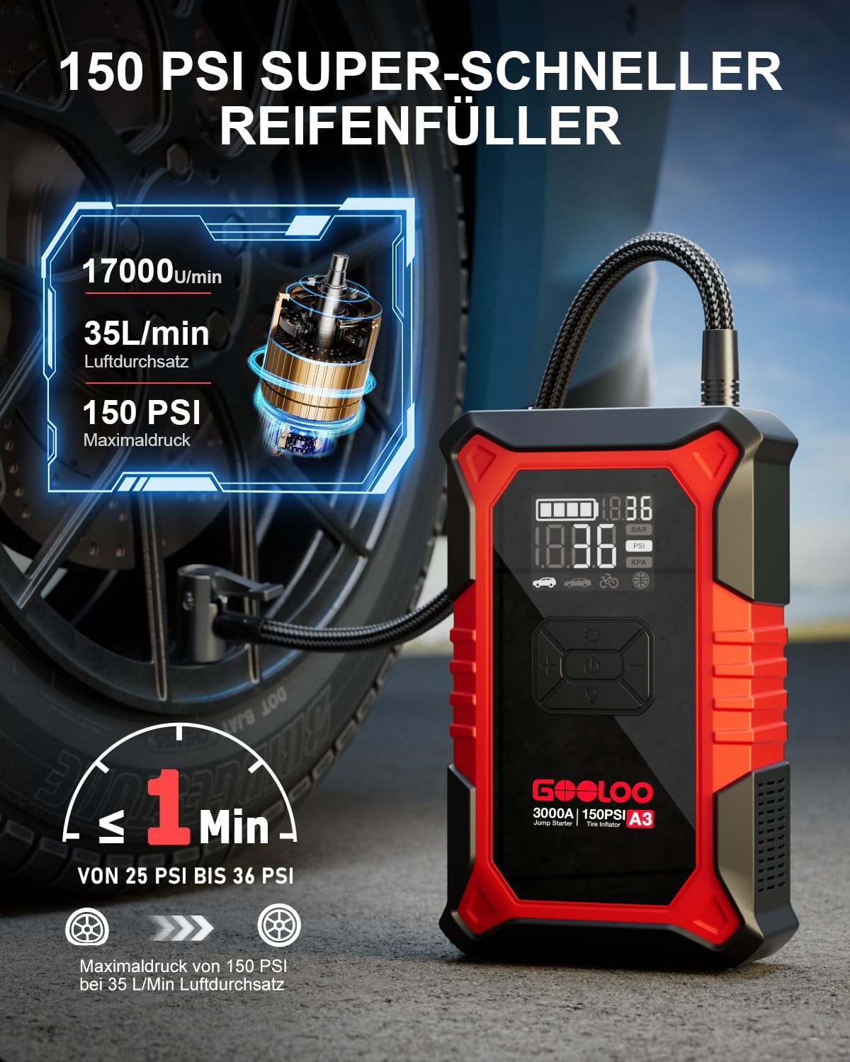 GOOLOO A3 Starthilfe Powerbank mit Kompressor, 3000A 150PSI Spitzenstrom Starter Powerbank für 12V Fahrzeuge(Bis zu 9.0L Benzin/6.5L Diesel), Tragbare Auto Starthilfe mit Digitale und LED