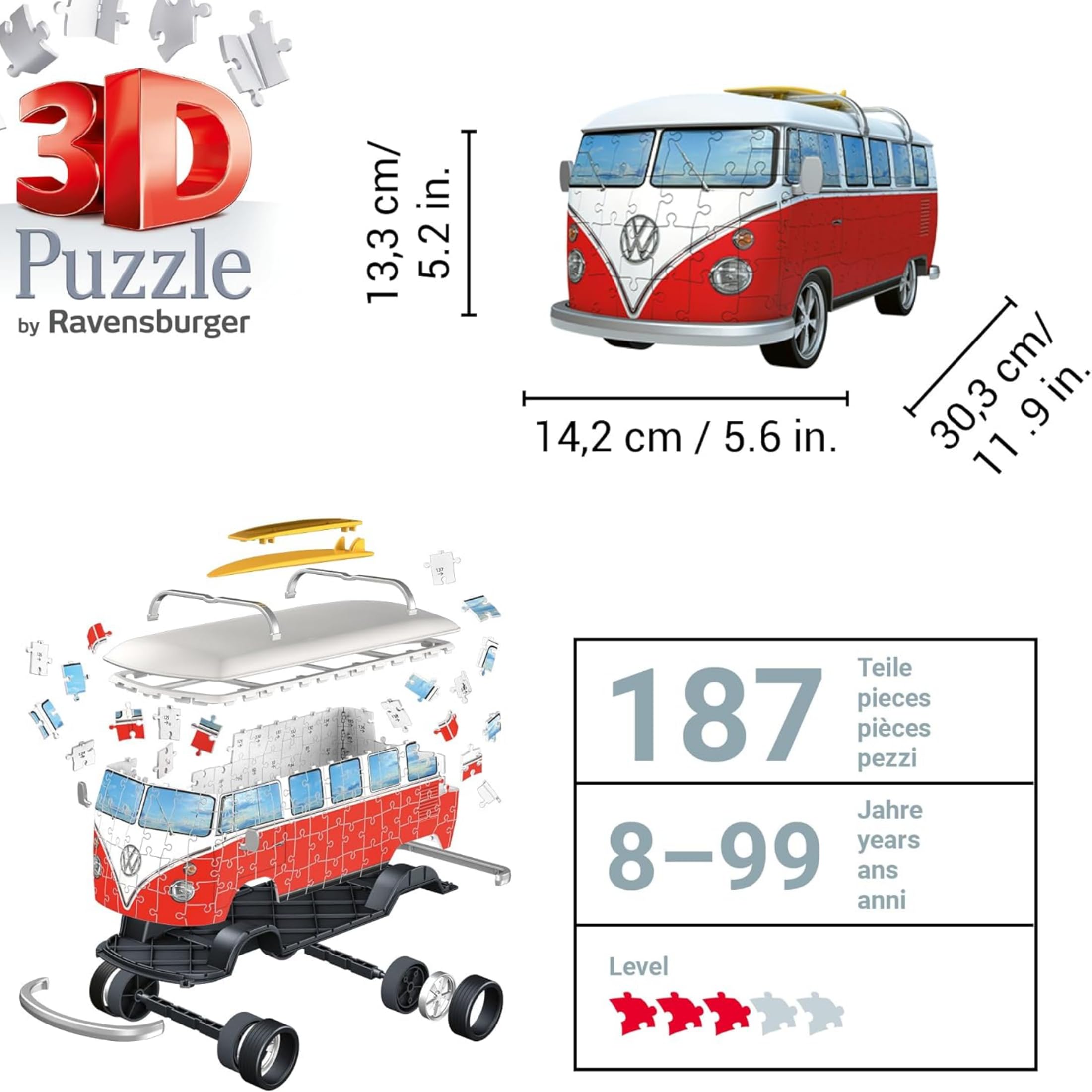 Ravensburger - Puzzle 3D Camper Volkswagen, Maqueta 187 Piezas