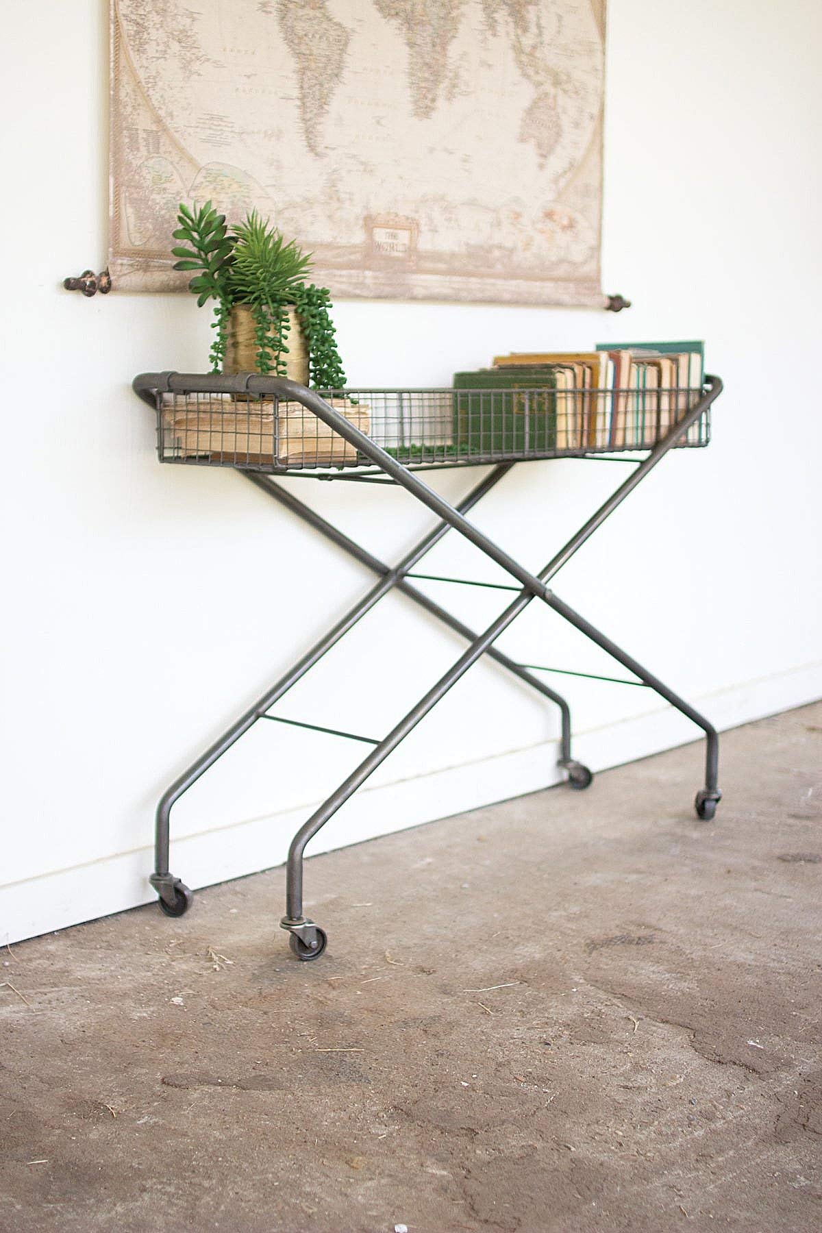KALALOU - CQ6817 Rolling Metal Basket Console, One Size, Gray