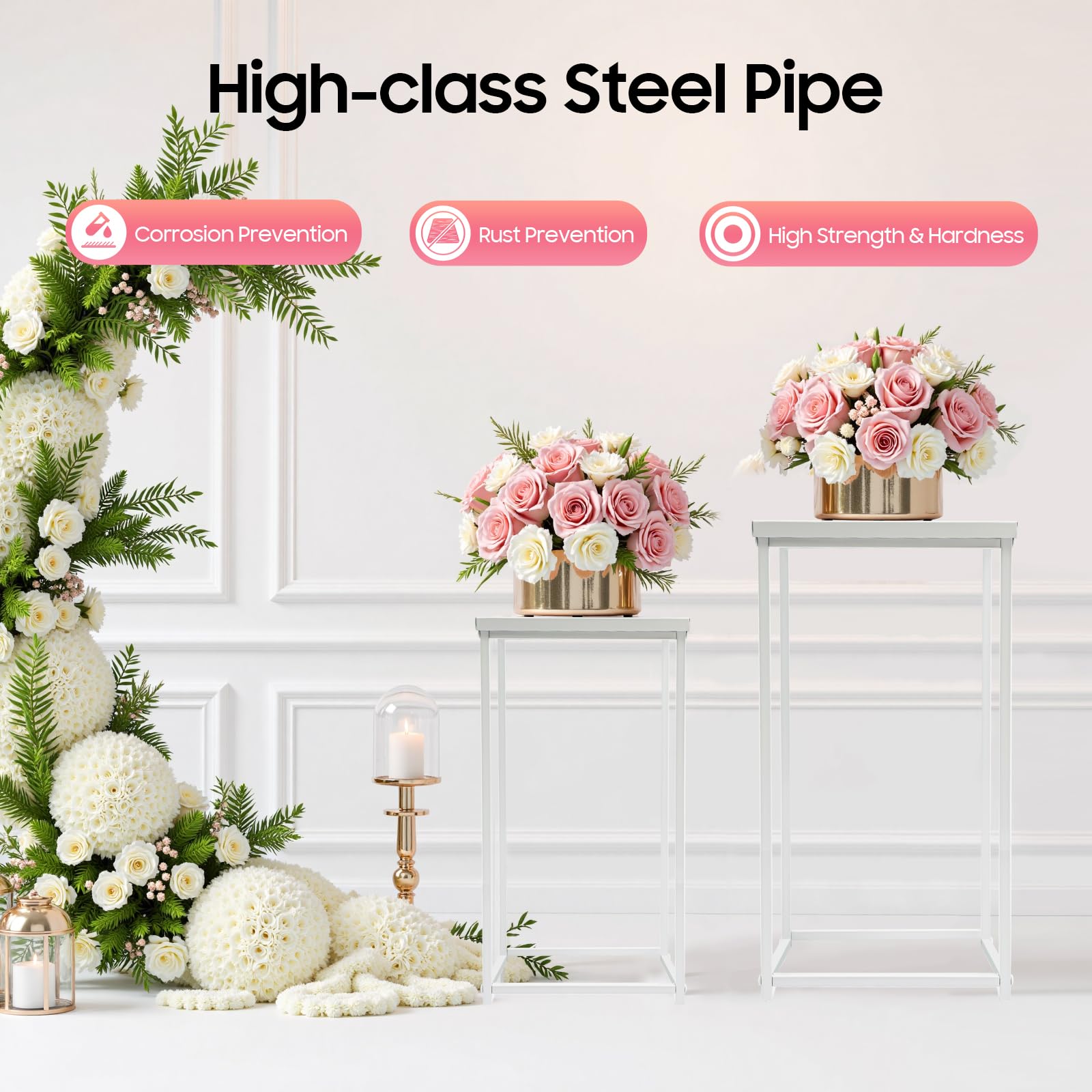 Set di 4 Sgabelli per Fiori, In Metallo, Forma Rettangolare, Supporto Per Colonna Vaso Geometrico Espositore Per Fiori Decorazione a Colonna, Bianco, 4 dimensioni