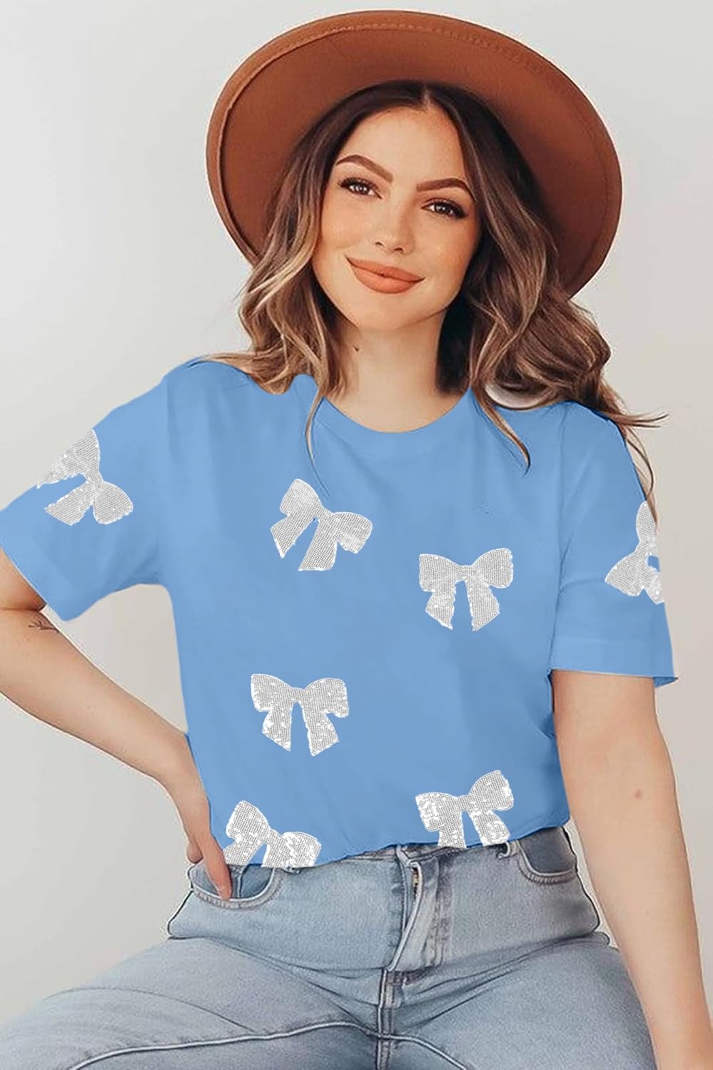 Womens Bow Shirt Coquette Aesthetic Shirts Cute Sequin Graphic Tees Trendy Pink Bow Ribbon Short Sleeve Tee Tops - Image 3