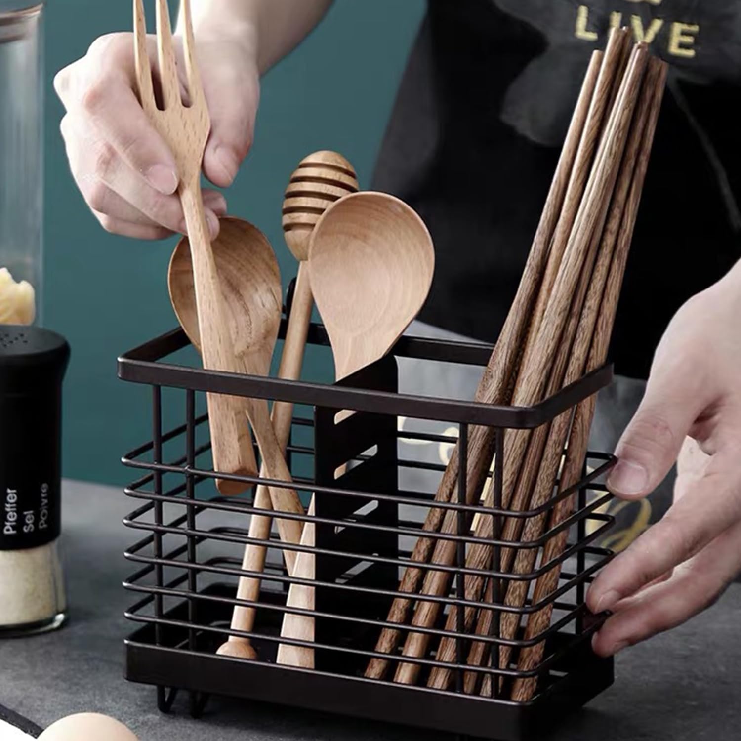 Set 2 Porte-Ustensiles Berglander Noir - Organisateur Cuisine Acier Inoxydable