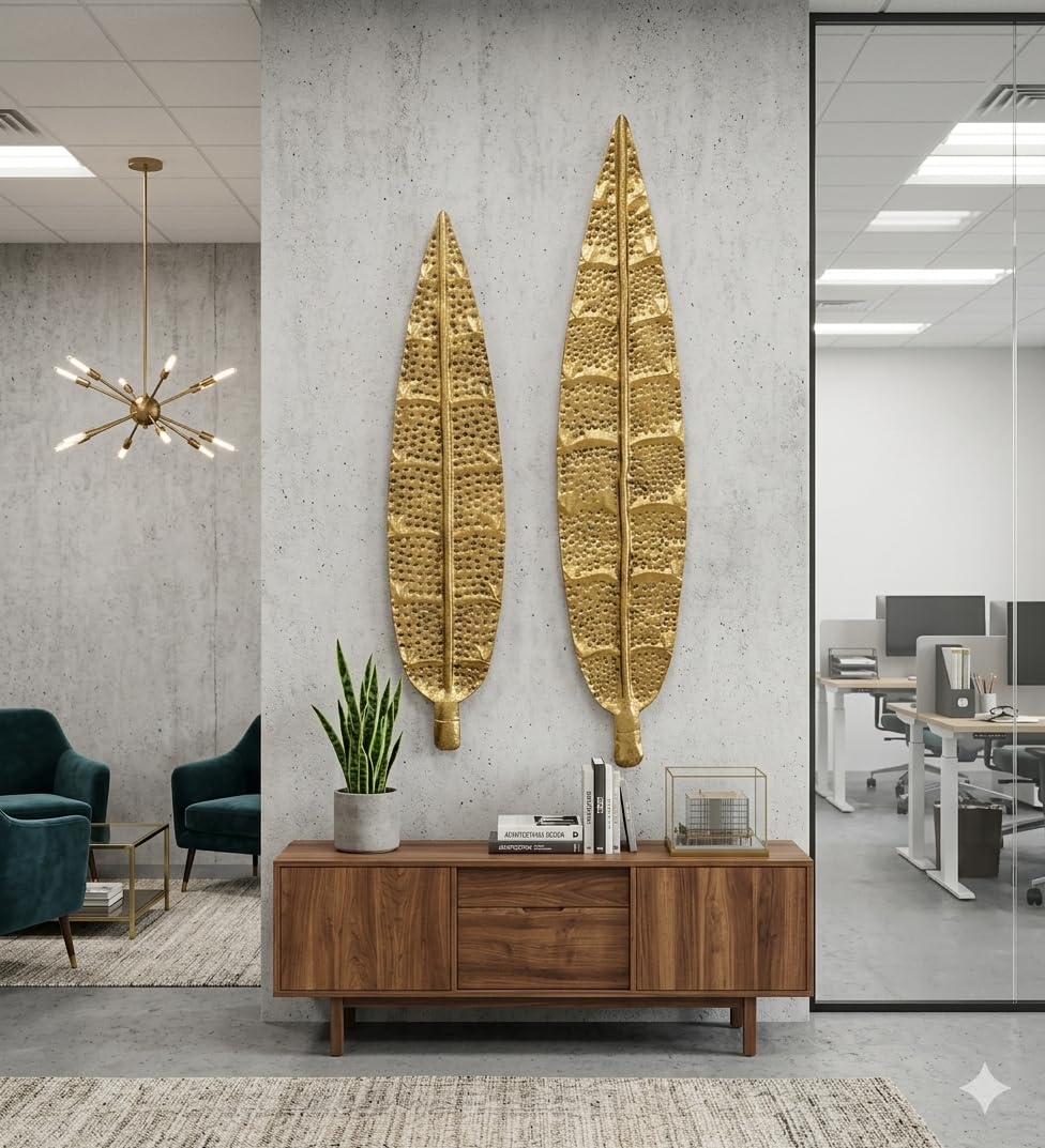 Nesfur Handcrafted Metal Leaf Wall Art Set of 2 | Textured Golden Finish Decorative Wall Hanging for Living Room & Office | Size 38.5 x 7.8 Inch & 31 x 6.6 Inch | Modern Nature-Inspired Home Decor & office-image-29
