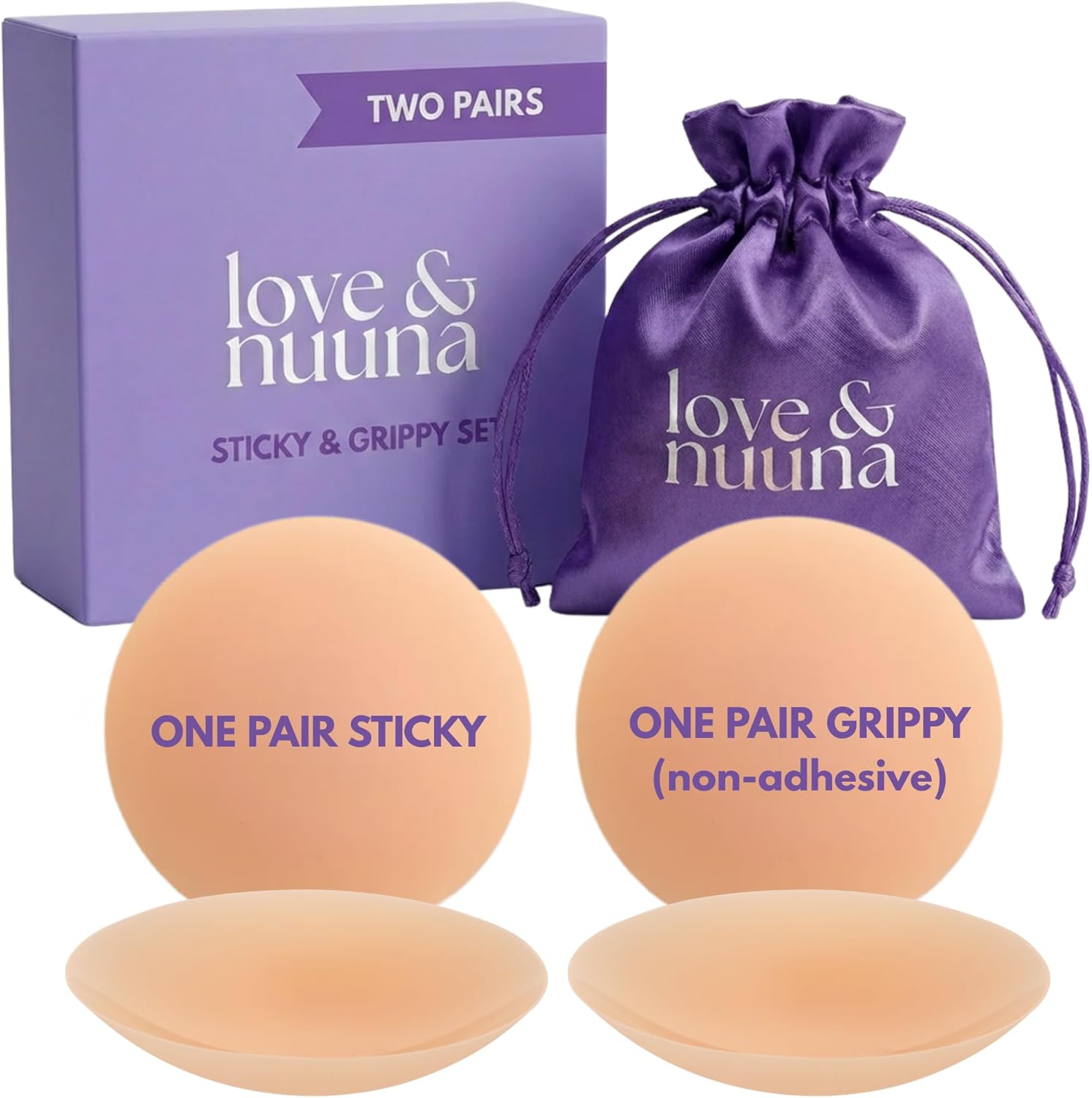 love & nuuna Adhesive & Non-Adhesive Nipple Covers Two Pairs - Sticky & Grippy Nipple Cakes - Reusable & Waterproof Pasties