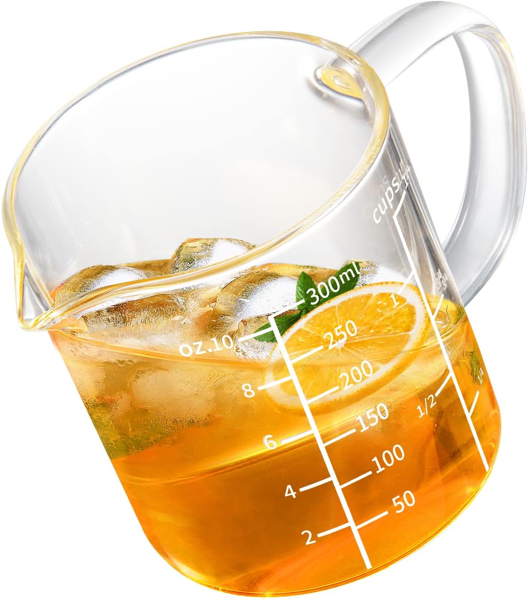 Glass Measuring Cup with Handle, 300 ML (0.3 Liter, 1 1/4 Cup) Measuring Cup with Three Scales (OZ, Cup, ML/CC) and V-Shaped Spout, Measuring Beaker for Kitchen or Restaurant, Easy to Read