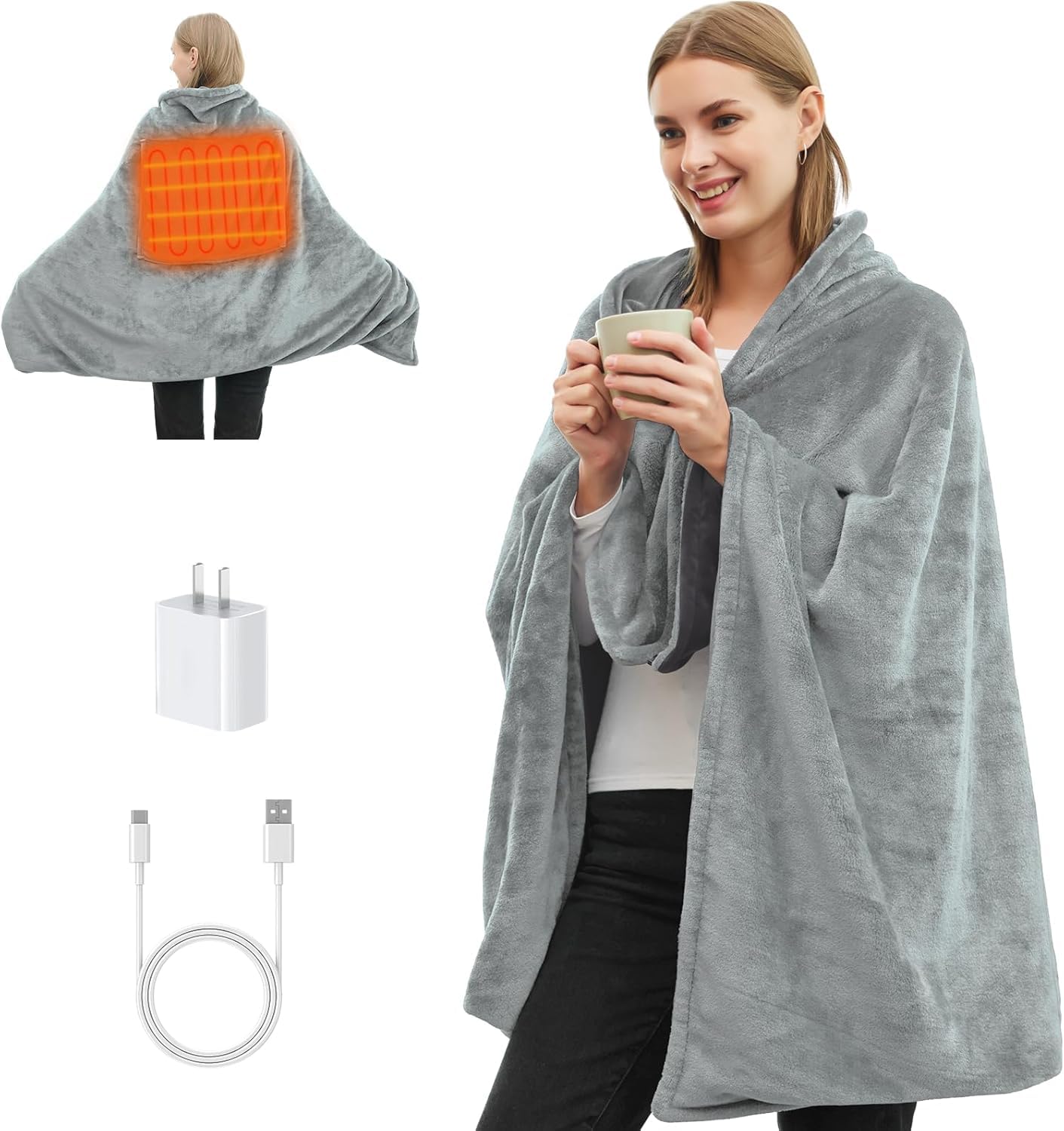 Portable Cordless Heated Blanket for Stadium, Rechargeable USB Heated Throw Blanket for Outdoor, 3 Heat Settings Electric Heated Blanket for Office, Camping, 58”x 38” (Battery Pack Not Included)