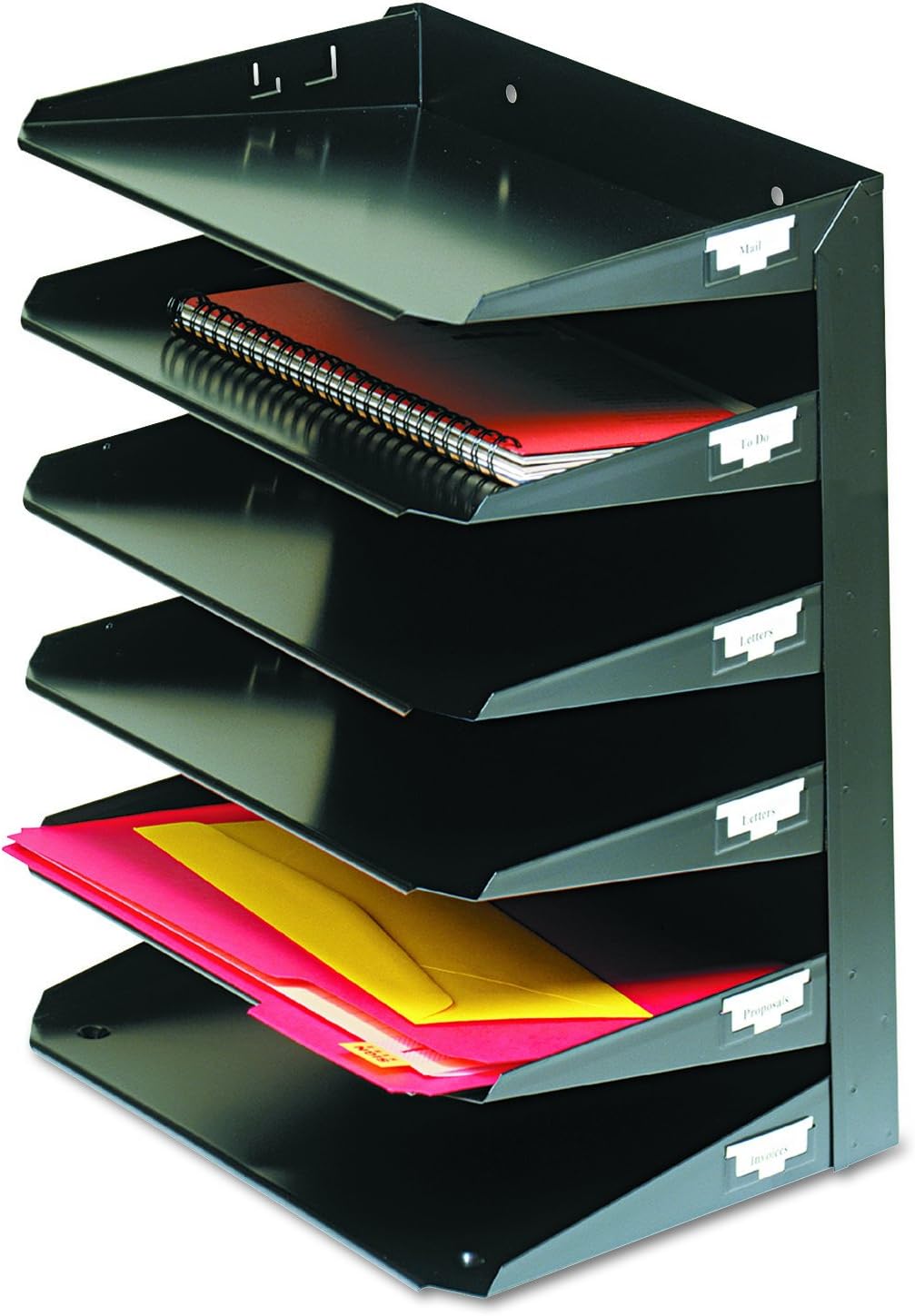 MMF Industries STEELMASTER Letter-Size Horizontal File Organizer | 6-Tier Tray Design | ID Label Holder | Black | Scratch & Chip-Resistant Finish | Durable Metal Steel | Wall File Organizer