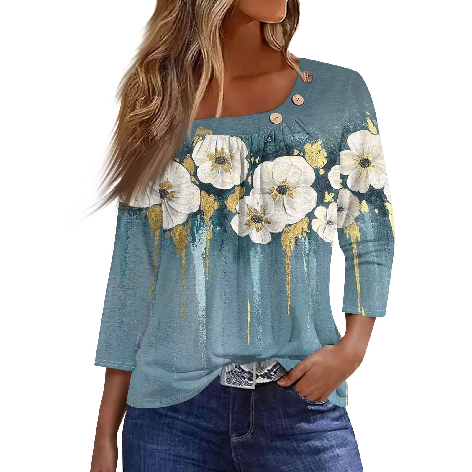 SCBFDI Blusa Mujer Elegante, Camiseta Mujer Escolar Día Festivo T-Shirt Manga De Siete Puntos Elegante Volante Fruncido Delgado Cuello, Moda Blusas Elegantes