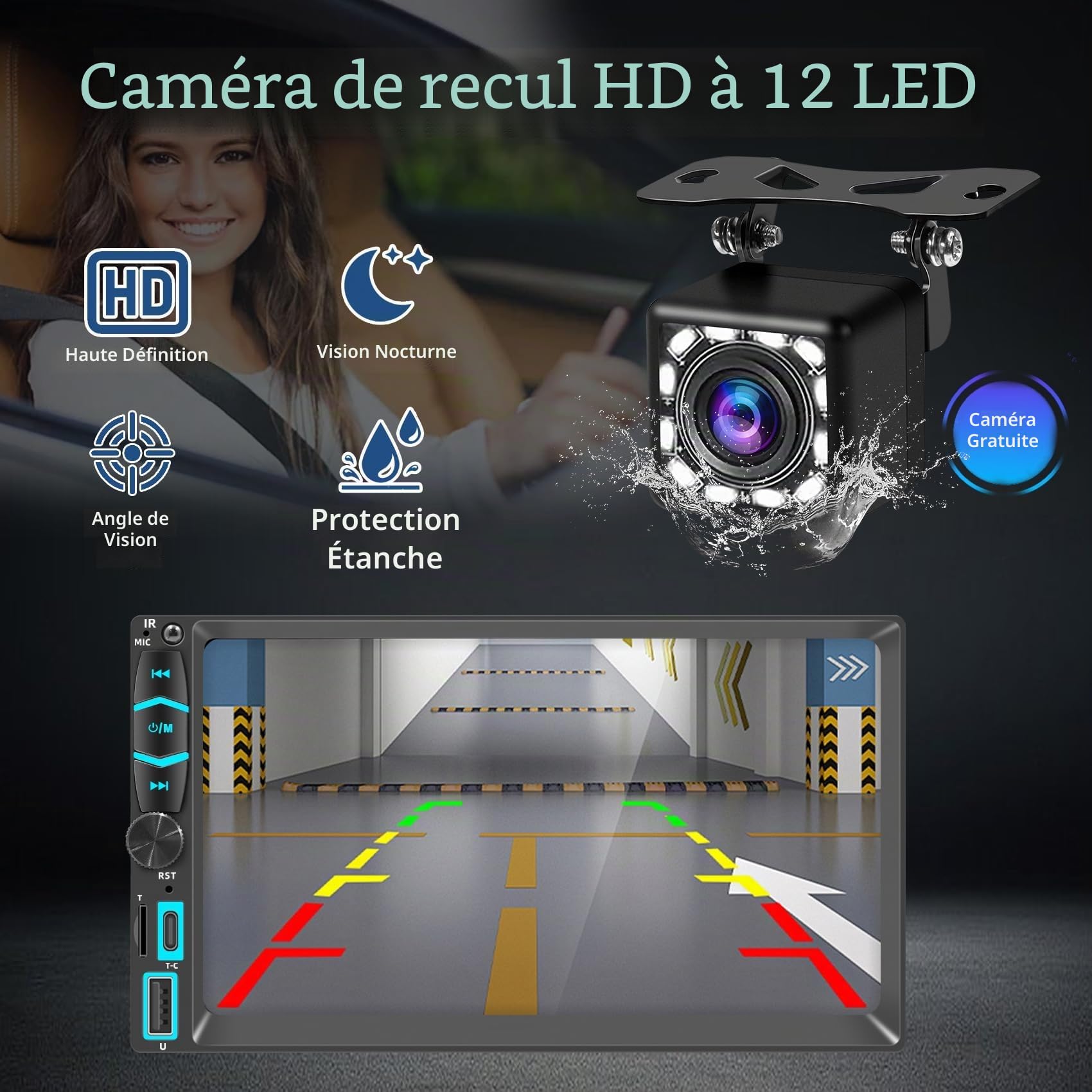 Autoradio 2 Din Carplay et Android Auto sans Fil, 7 Pouces IPS Écran Tactile, Poste Radio avec Caméra de Recul, Bluetooth, Miroir Link, FM/AM/RDS, SWC, USB, Type-C, Navigation GPS, Contrôle Vocal
