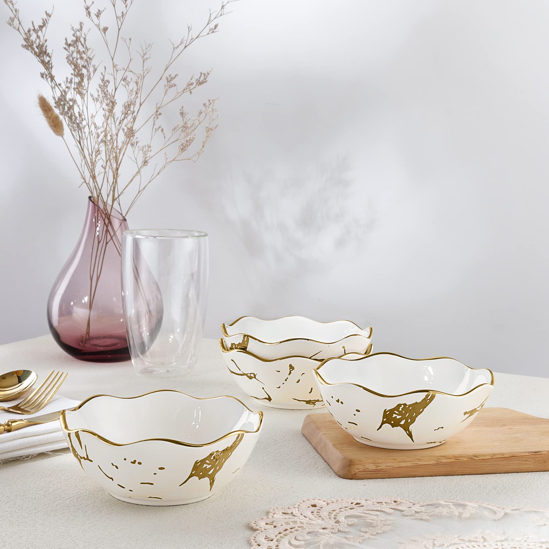 fanquare 4 Stück Weiße Gold Marmor Müslischalen Set, Japanische Ramen Schüssel Set, Klein Dessertschalen Keramik für Suppe, Salat, Pasta, Reis