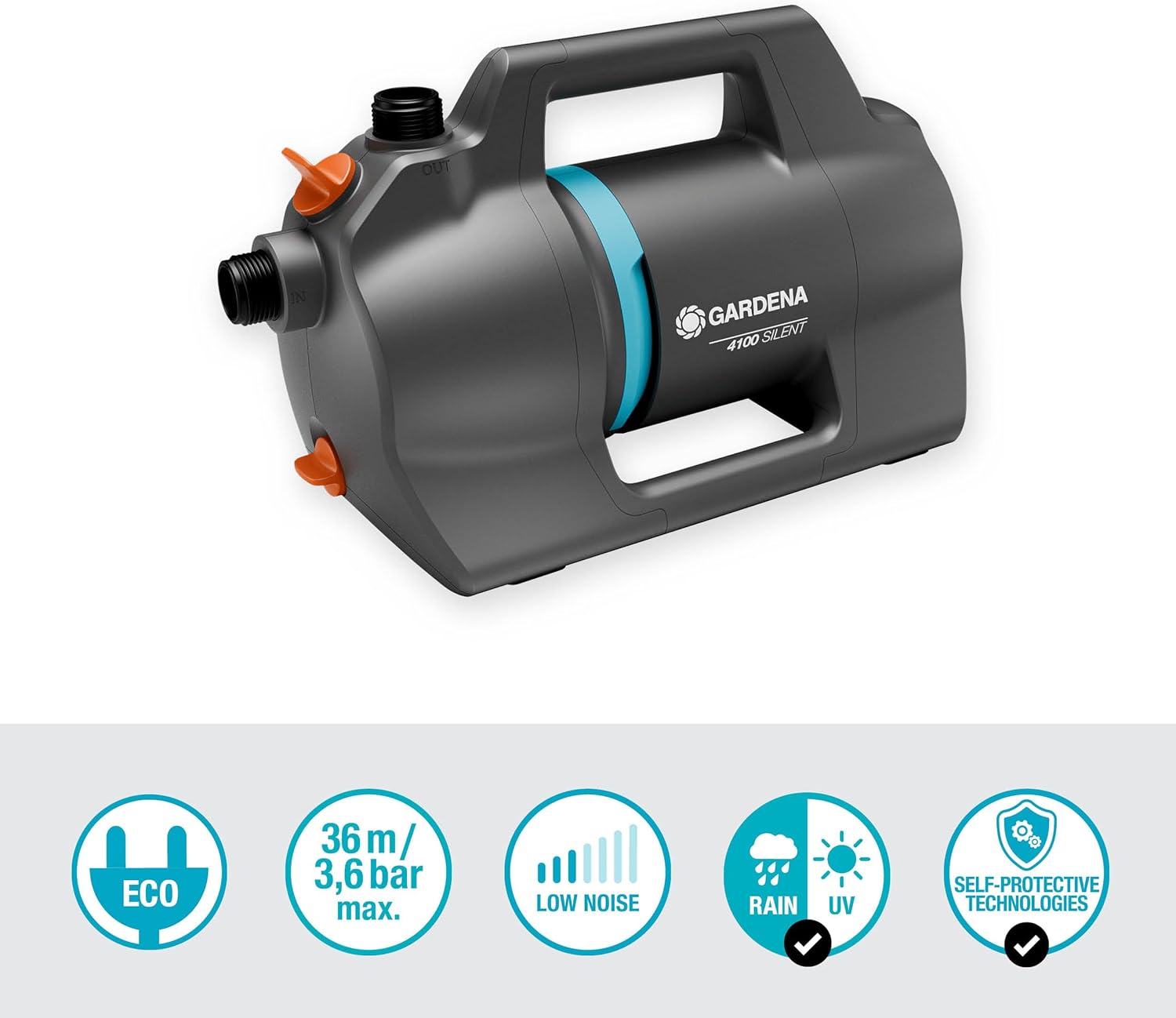 Gardena Garden Pump 4100 Silent Set: Innovative Quiet Garden Pump Suction Unit 3.5 m and Classic Hose 20 m, Flow Rate 4100 l/h, Motor 550 W, Waterproof, Economical (9051-20)