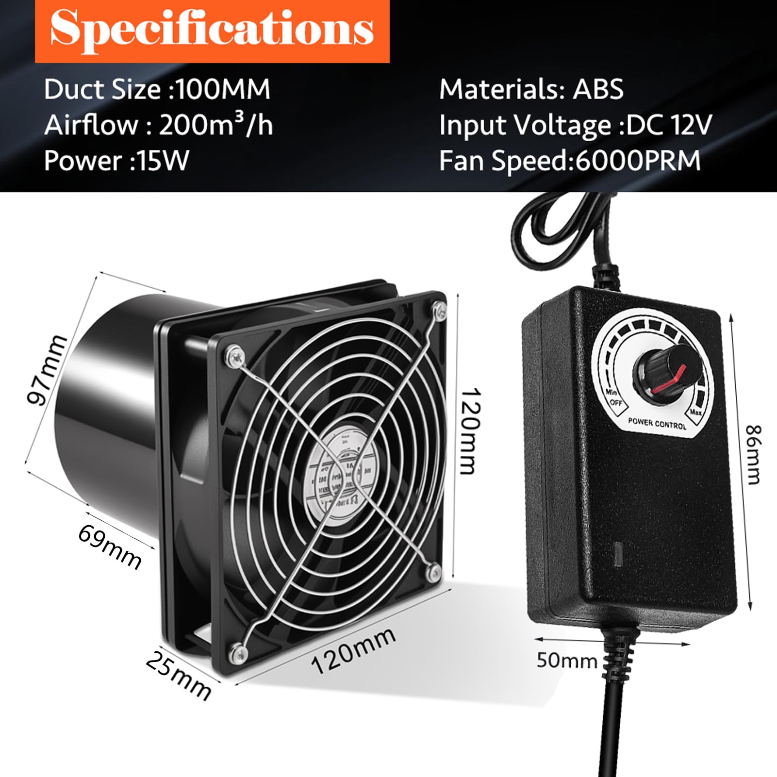 HG Power Buisventilator, verstelbaar, 199 m³/u, stil, voor keuken, badkamer, garage, kelder, kweektent, zwart, 100 mm
