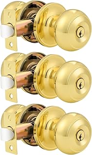 Probrico Entrance Door Knobs Door Lock Keyed Alike Lockset Polished Brass Same Key Round Ball Entry Door Knobs Pack of 3