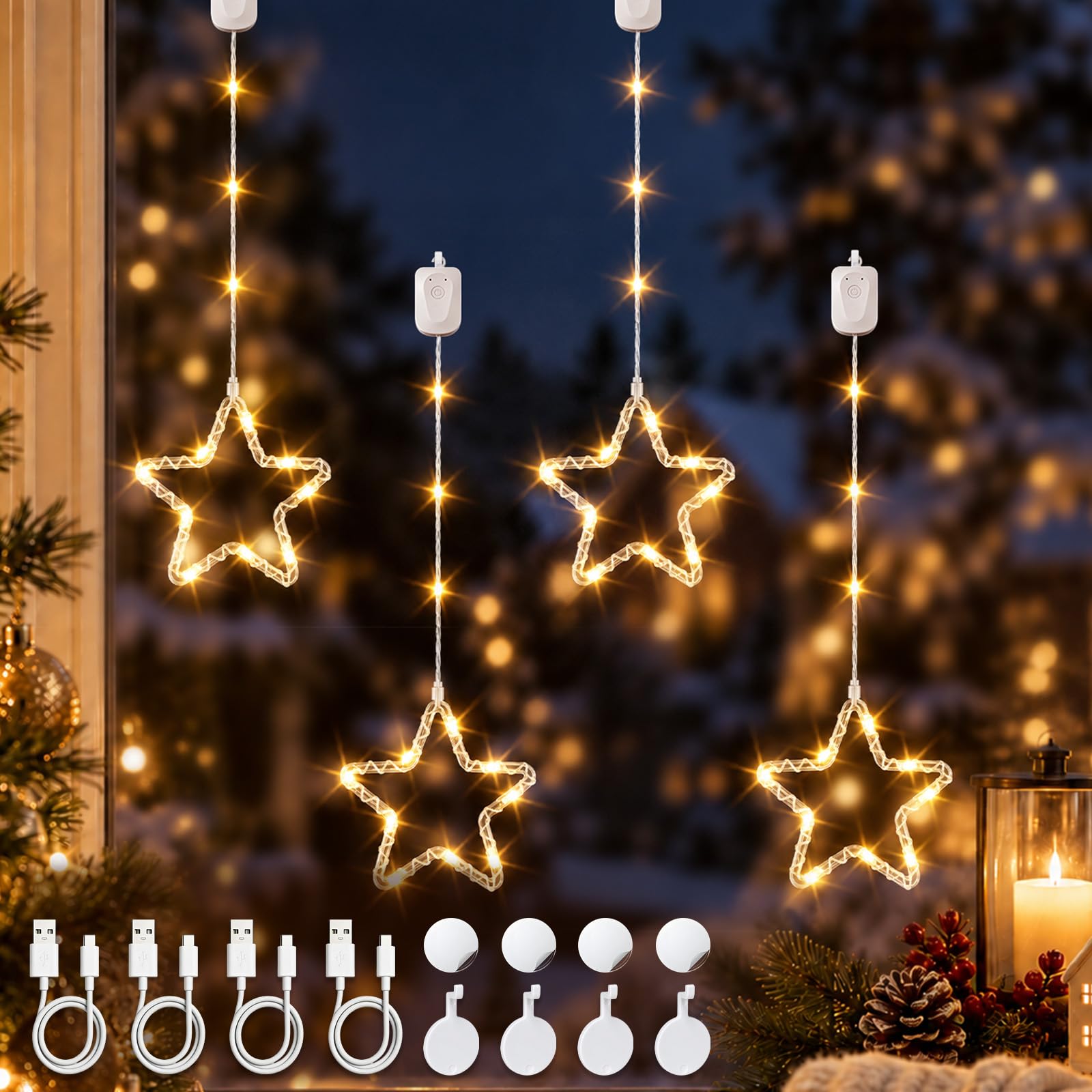 DazSpirit Rechargeable LED Christmas Star Window Light, 4 Pack, Warm White