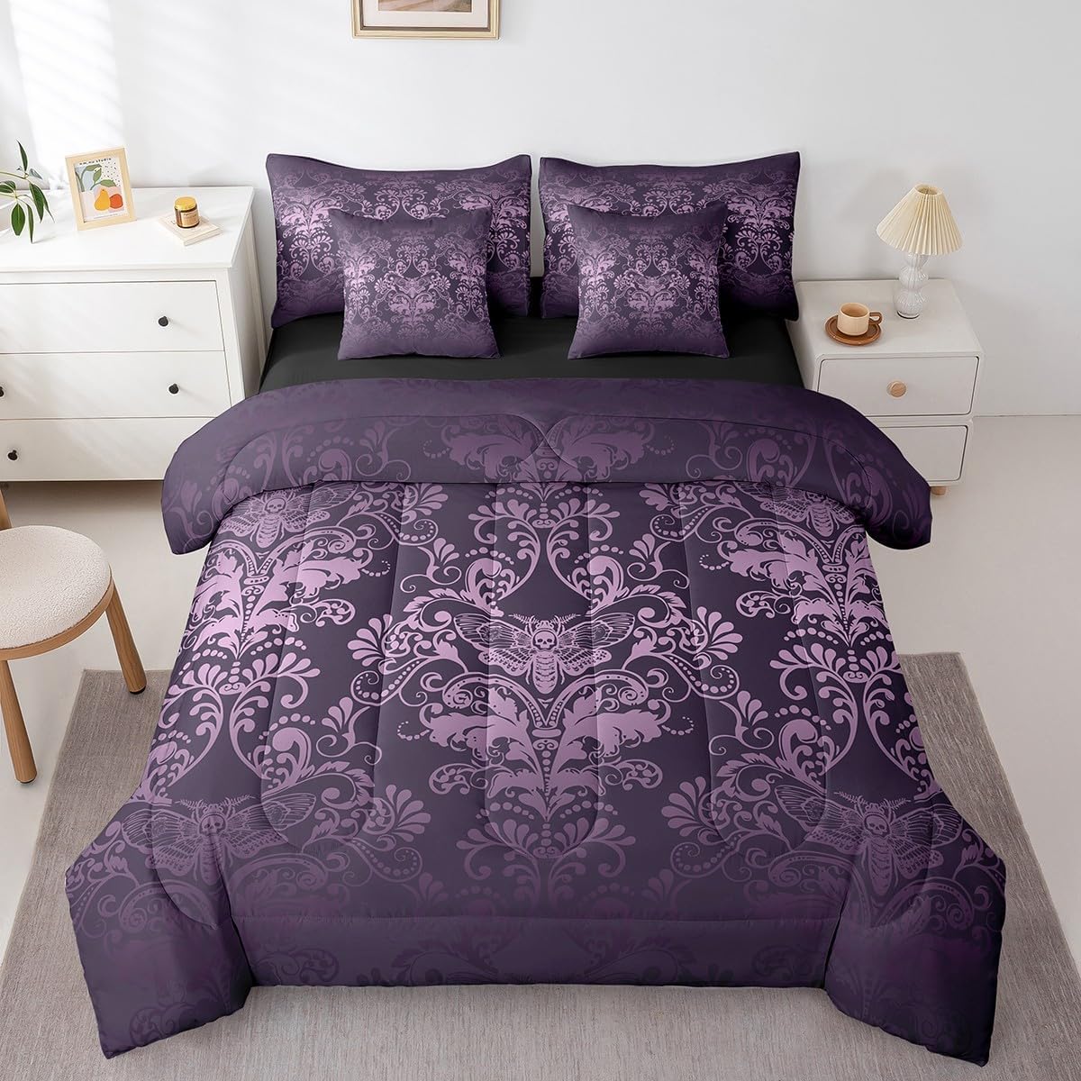 Erosebridal Gothic Damask Bed in a Bag Queen Comforter Set 7 Piece,Exotic Moth Bedding Sets Purple Victorian Floral Goth Sheet Set with Comforter
