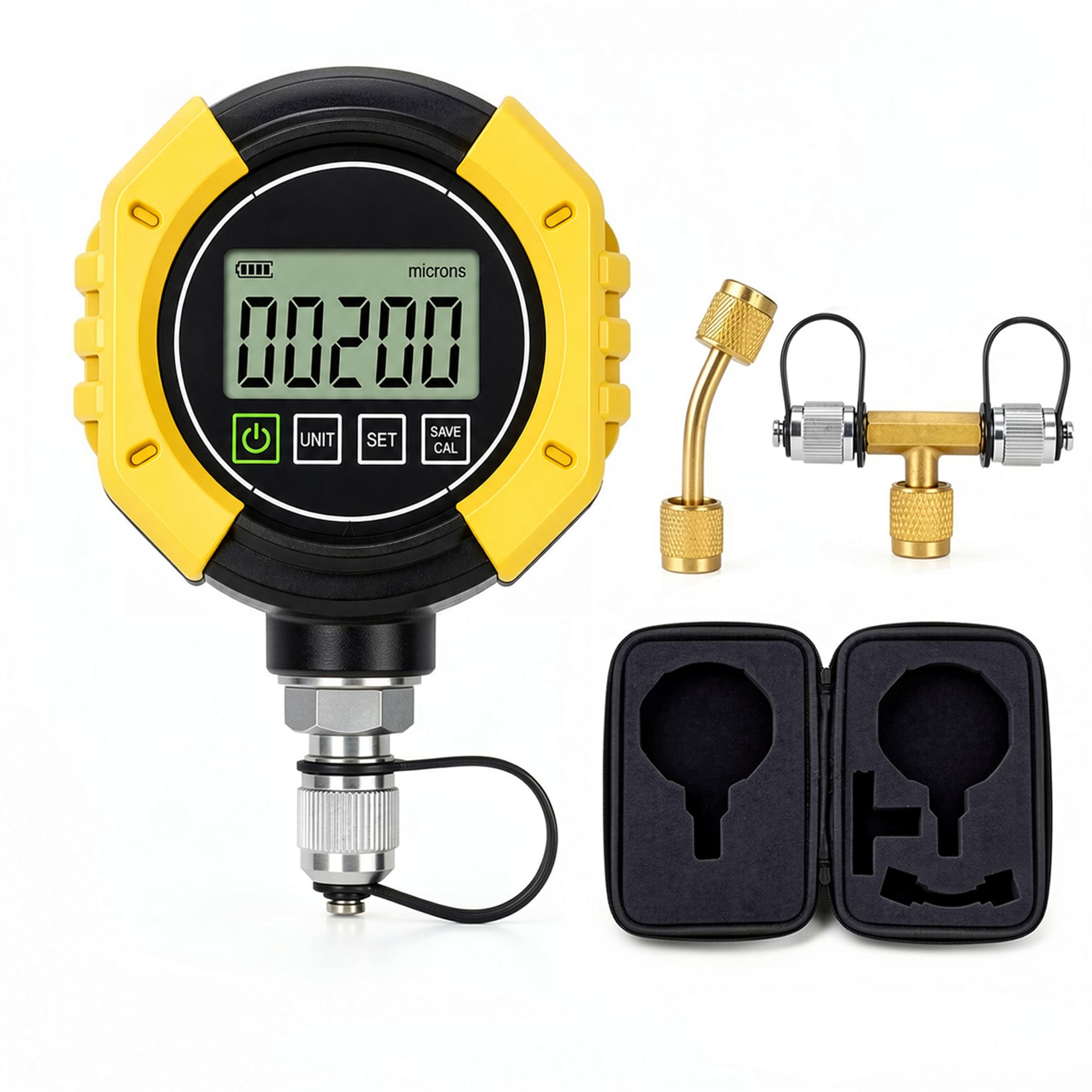 PYY Digital Micron Gauge - Vacuum Gauge HVAC, 4 Units Switchable, 0-75000 Microns High Precision, Adjustable Alarm, Auto Shut-Off, 1/4" SAE & T-Connector for AC Refrigeration Heat Pump Service(Yellow)