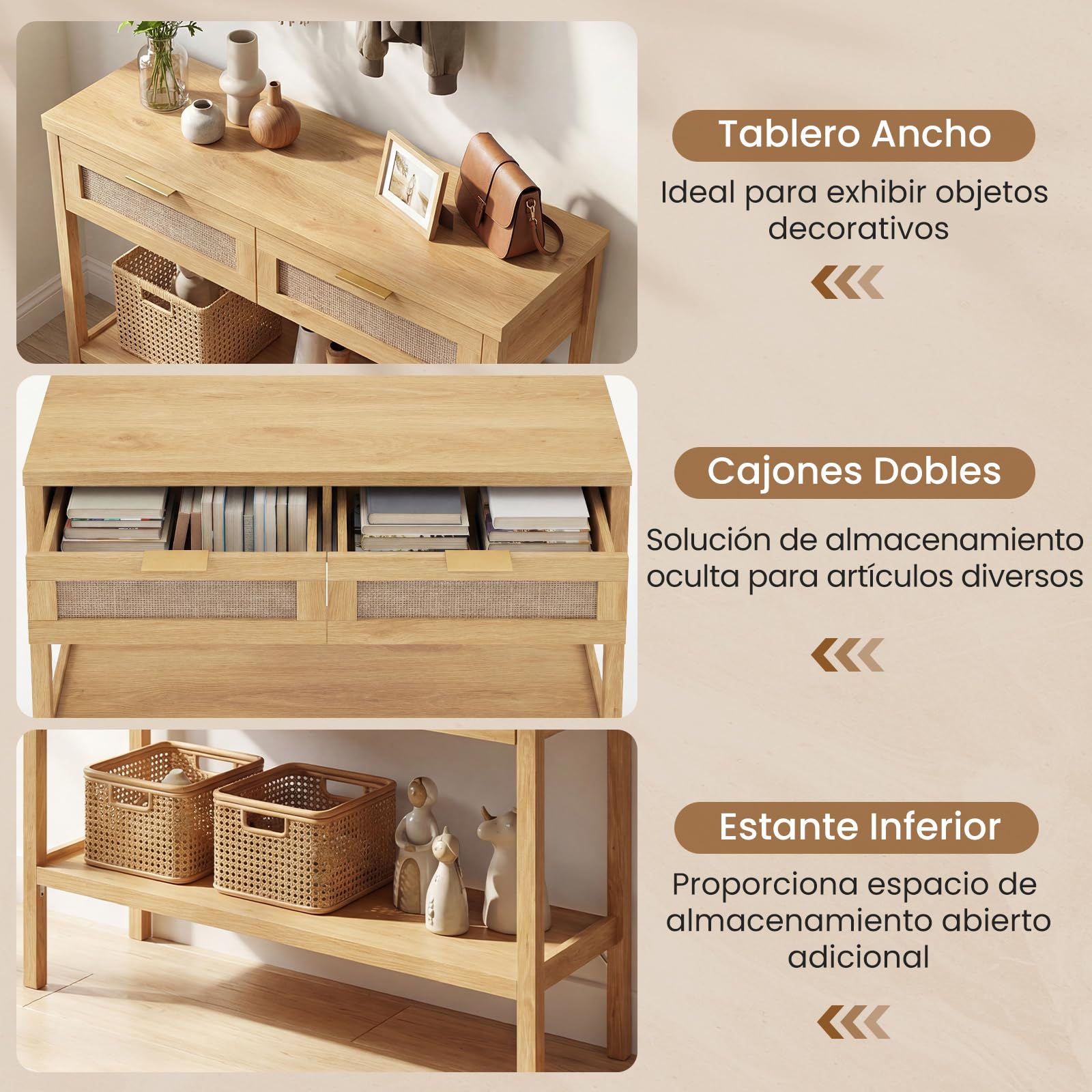 COSTWAY Mesa Consola Estrecha, Consola de Recibidor con 2 Cajones de Ratán, Estante de Almacenamiento Abierto, Kit Antivuelco, Mesa Auxiliar de Sofá para Entrada, Pasillo, 100 x 35 x 76 cm (Natural)