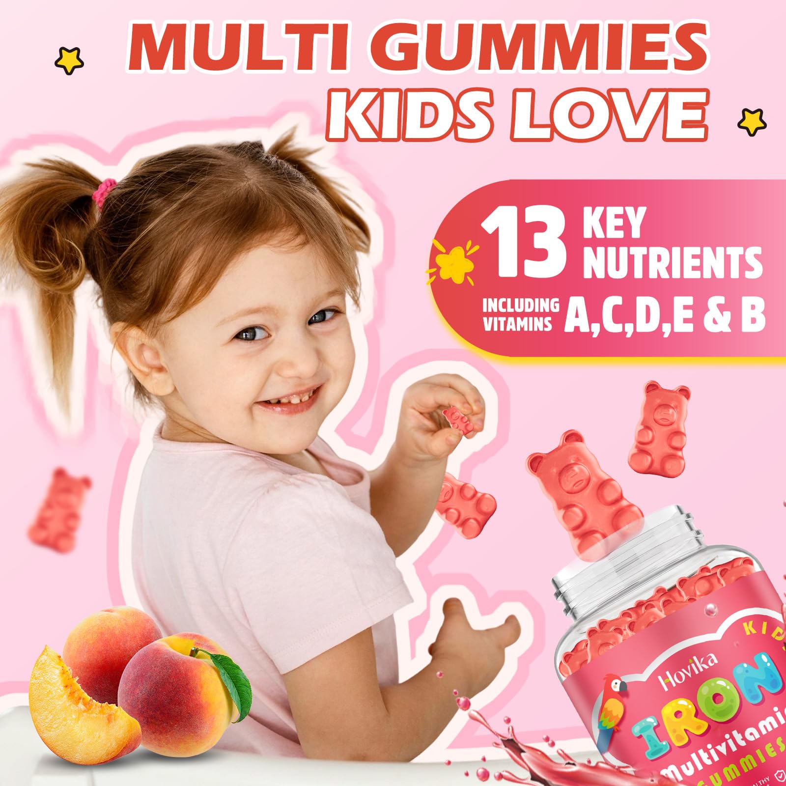 Iron Supplement Gummies for Kids with Multivitamin, Calcium, Zinc, Folate - Kids Iron Gummies Support Immune, Blood Builder, Iron Deficiency, Anemia & Energy - Vegan, Peach 60 Count — Amazon image 2