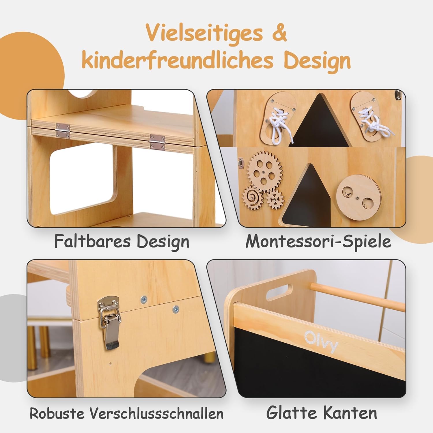 Olvy Kids 3-in-1 Montessori Lernturm - Klappbarer Learning Tower - Trittleiter Holz - Kindertritt 3 Stufen - Küchenturm Kinder - Steh Lernturm ab 1 Jahr - Kindertreppe Faltbar