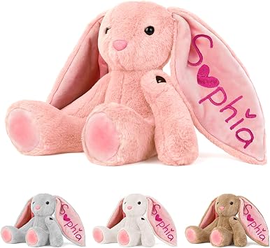 Personalized Bunny Plush for Kids Custom Bunny with Embroidered Name, Stuffed Animal for Toddler 1-3+ Girls Boys Bunnys Plush Toys Personalized Baby Newborn Kids Gifts for First Birthday Easter
