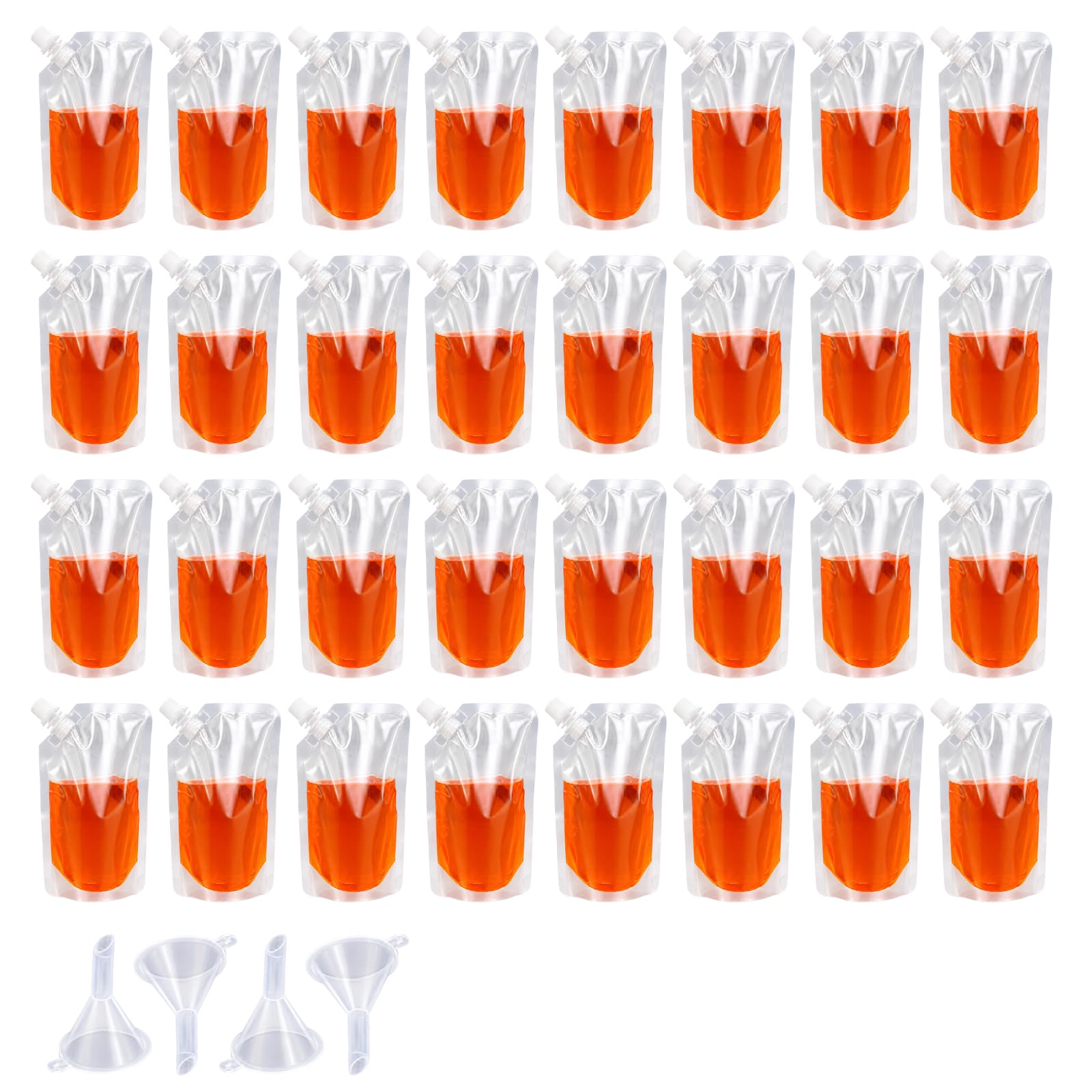 40 Pcs Clear Drink Pouches, Water Pouches with 4 Funnels, Reusable Drinks Pouches for Festivals, 250ml Drink Pouches, Drinks Bag for Festivals Party Beverage Travel Sports