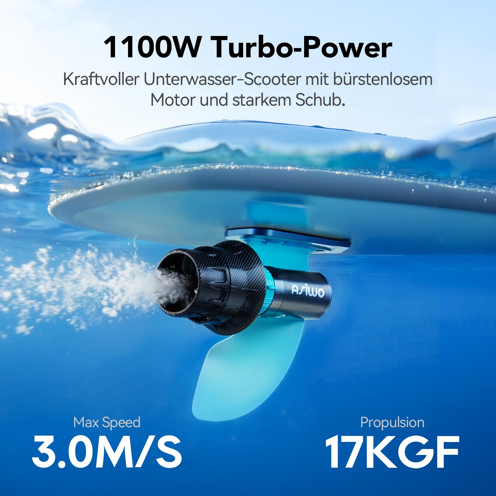 Asiwo U1 Scooter Subacqueo per Adulti e Bambini, 1100W Sea Scooter con 3 Velocità e Doppia Modalità, fino a 3 m/s, autonomia 80 minuti, profondità 50 m, ideale per Immersioni, Snorkeling, Nuoto e SUP