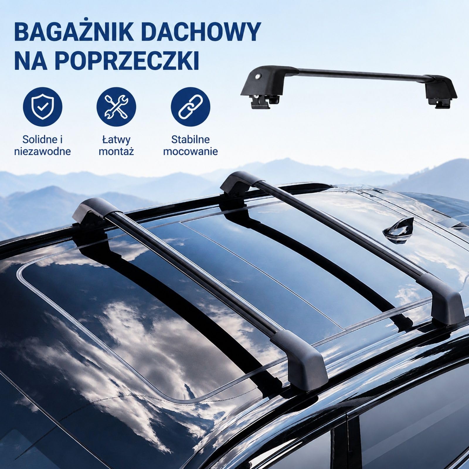 Uniwersalne aluminiowe belki dachowe, 2 sztuki, czarne, do aut z podniesionymi relingami i bagażem podróżnym