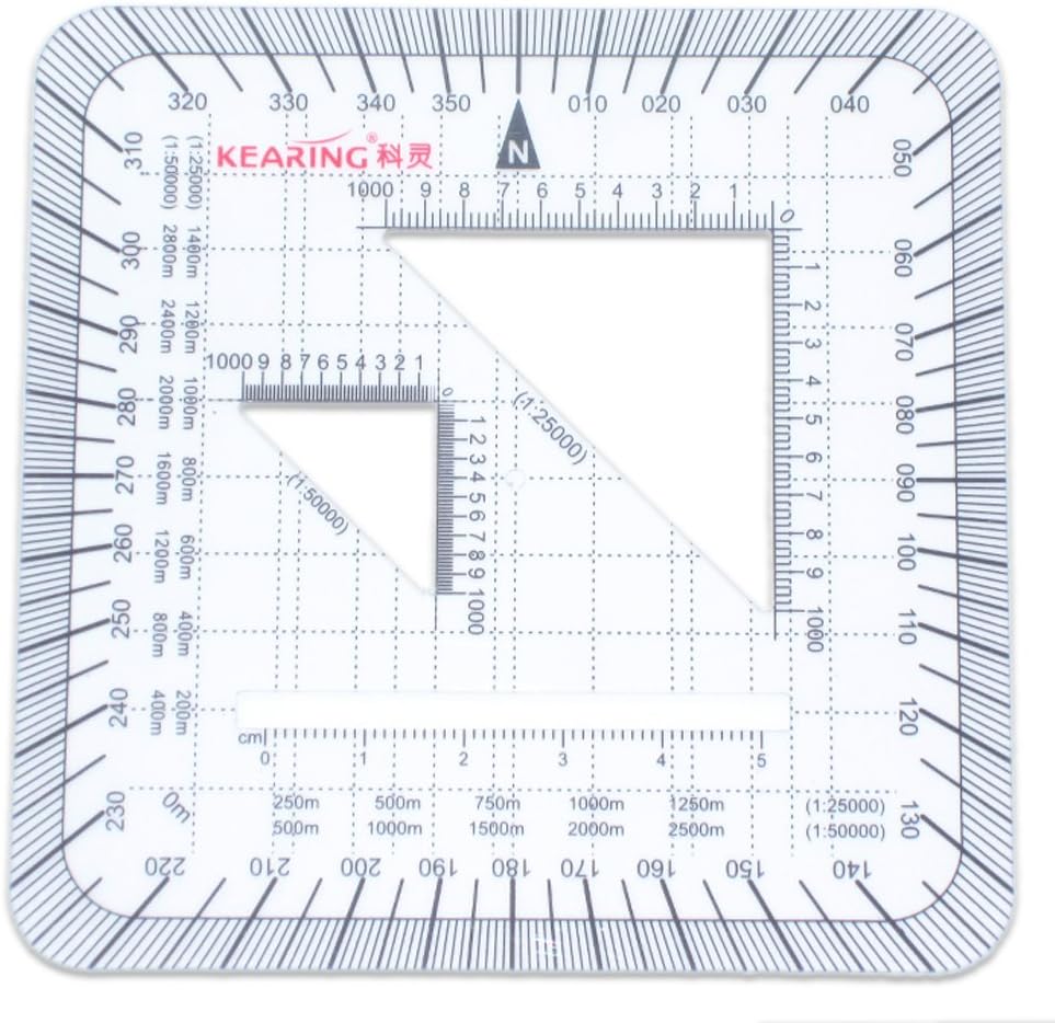 Kearing square scale protractor, plastic military protractor, with triangle scale inside 1:50000 & 1:25000