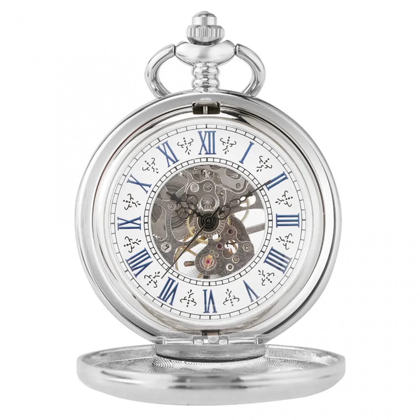 Silber Mechanischer Zeiger Aufzug Antike Taschenuhr Blaue Römische Ziffern Anzeige Skelett Anhänger Uhr
