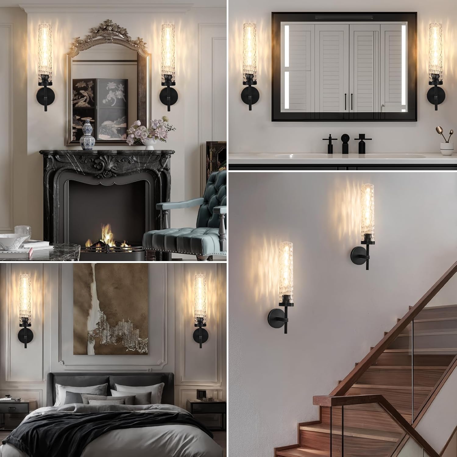 Brass Knurled Bathroom Sconces Set of 2, 19.5 Inch Black Vanity Light Fixtures with Water Ripple Glass Tube Modern Wall Lamp for Bathroom Mirror Bedroom Living Room Hallway