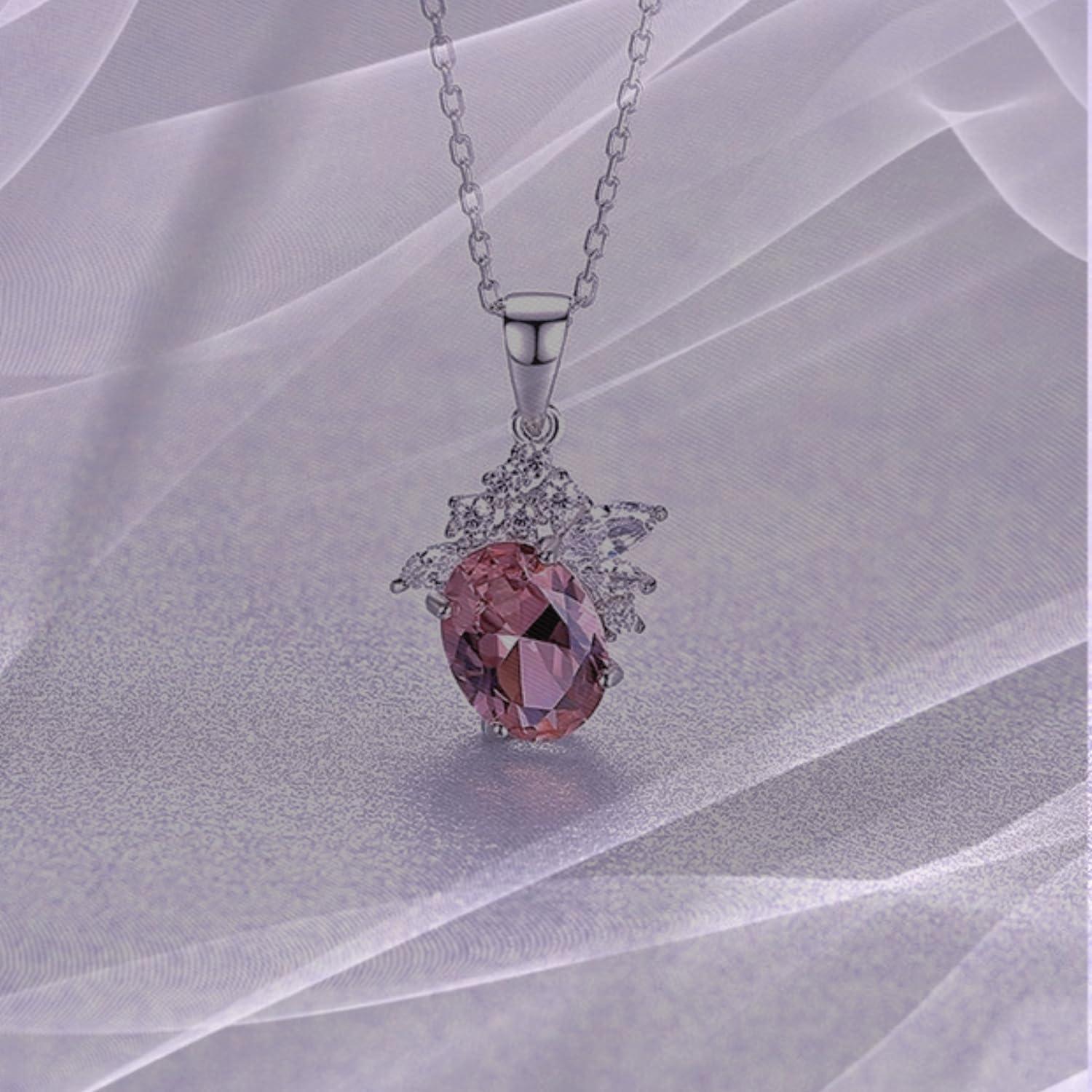 925 Sterling Silver Morganite Pink Gemstone CZ Pendant Necklace for Women, Morganite and Cubic Zirconia Fashion Bridal Jewelry Set Necklace for Ladies - Image 7