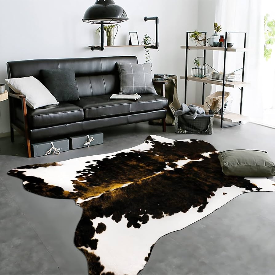 A stylish wild TikTok-style living room with a faux cowhide rug and cozy decor.