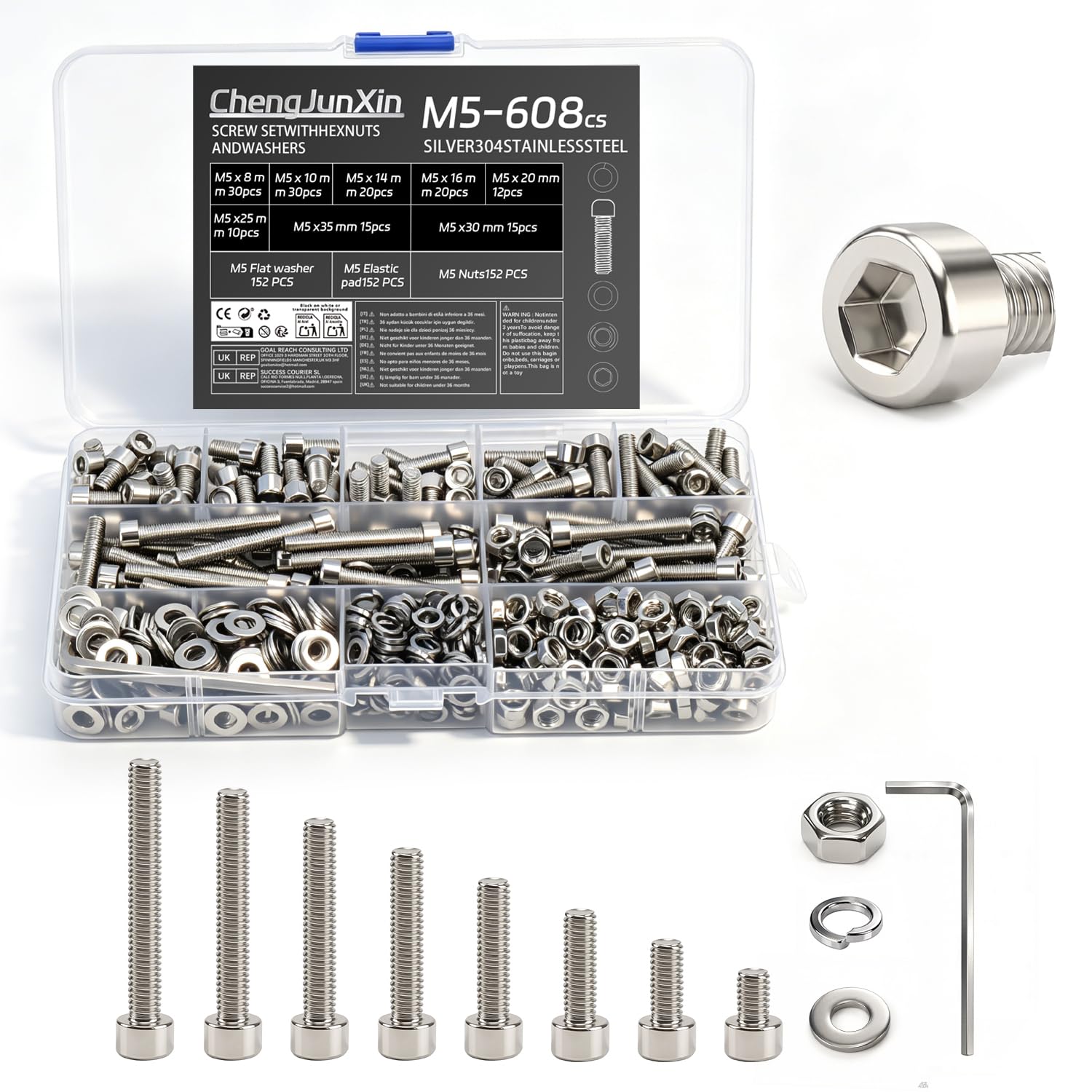 ChengJunXin 608pcs M5 Nuts and Bolts Set - Stainless Steel Hex Socket Head Cap Screws Assortment, M5 Machine Screws with Hex Nuts, Flat & Lock Washers, Complete Hardware Fastener Kit for DIY Repair.