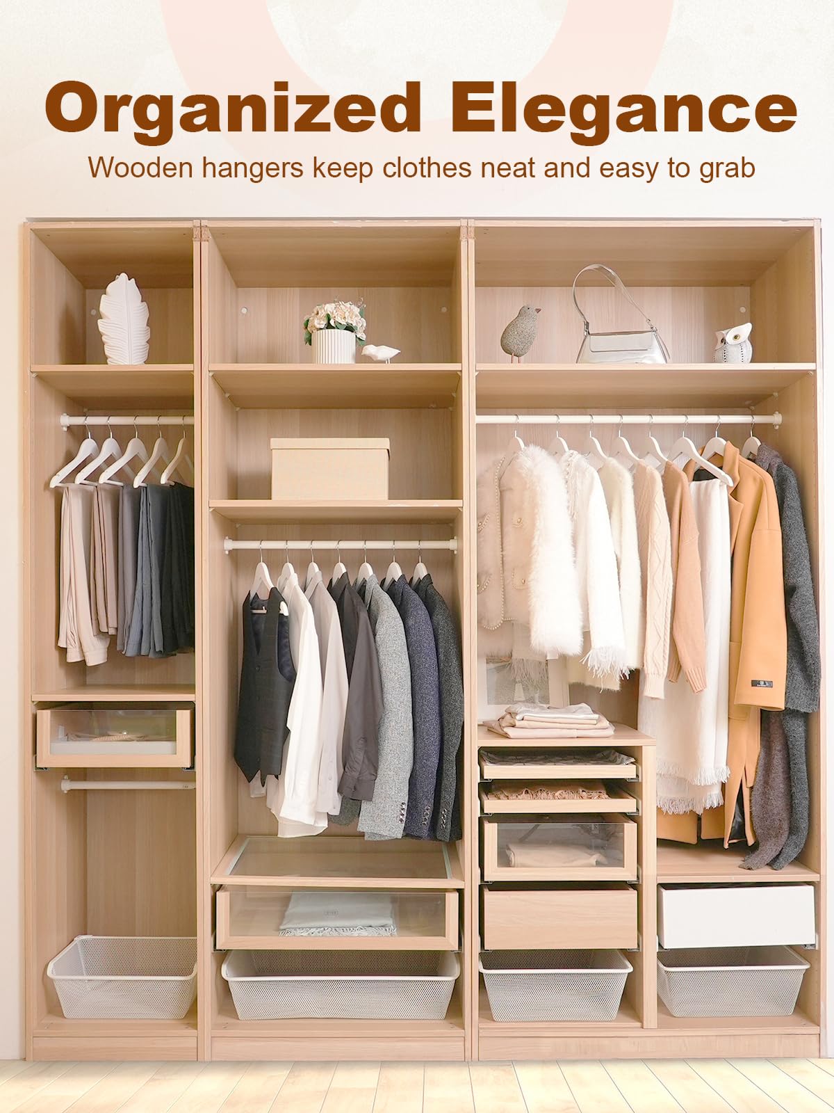HOUSE DAY Perchas de madera blanca, paquete de 20 perchas de madera maciza con barra antideslizante para pantalones, perchas de madera resistente para armario, perchas de madera con acabado suave para