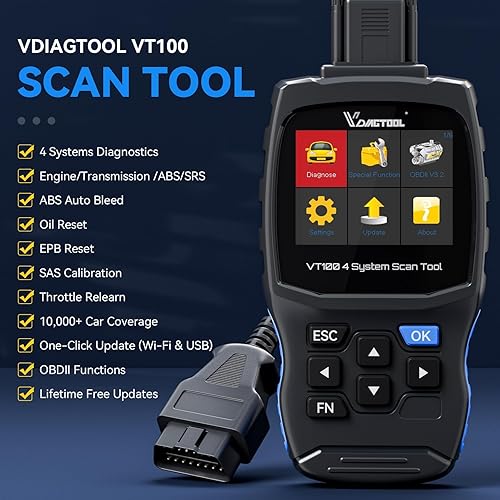 Miniatura 2 de VDIAGTOOL Herramienta de escaneo VT100 con ABS, SRS, motor, diagnóstico de transmisión, 5 servicios, ABS BleedOil RestetEPBSASThrottle Relearn OBD2