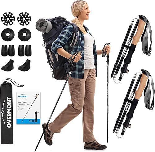 Overmont Paquete de 2 bastones de senderismo ajustables de fibra de carbono plegables con sistema de bloqueo rápido (plegable)