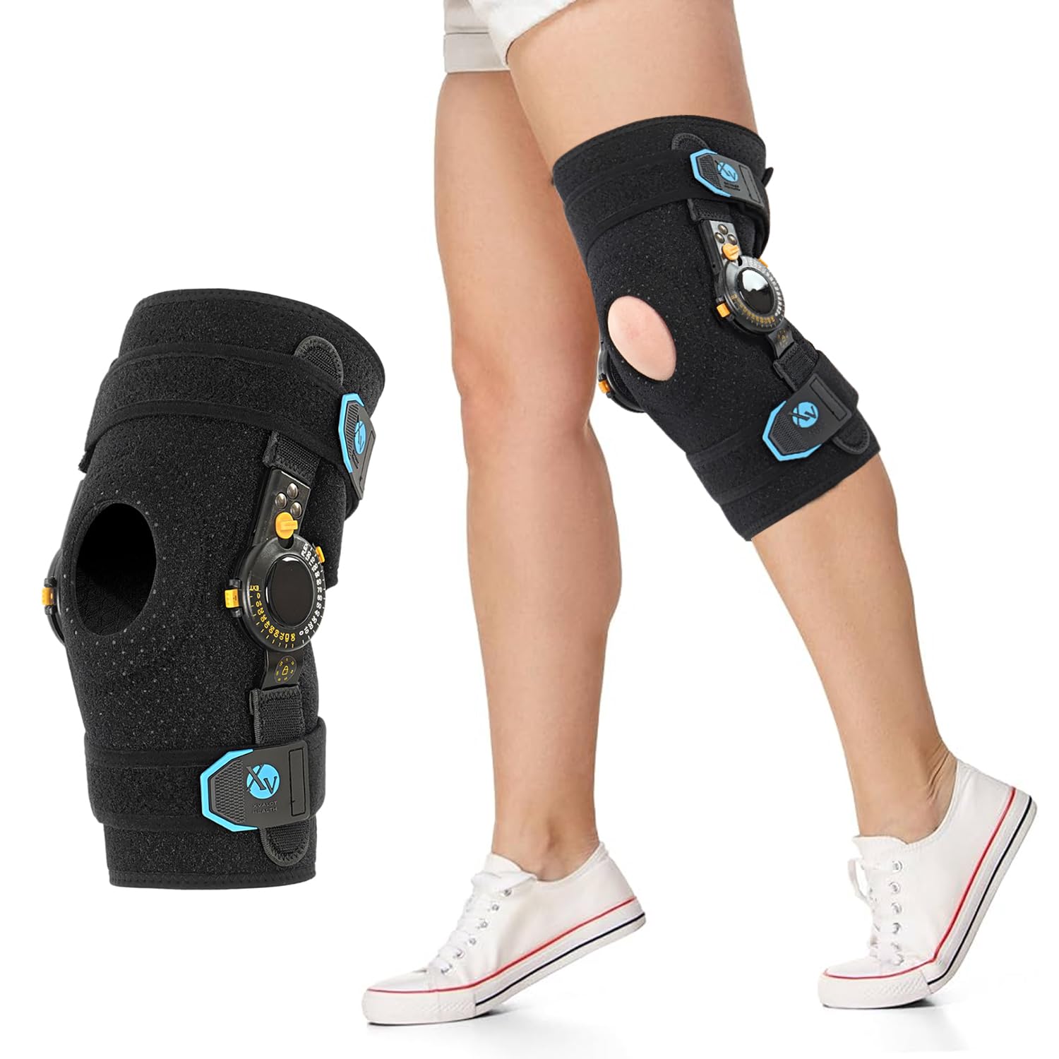 Ginocchiera riabilitazione, ortopedico con cerniere regolabili per flessione-estensione, lesioni, post-chirurgia del ginocchio menisco, legamenti, supporto funzionale. (Large)