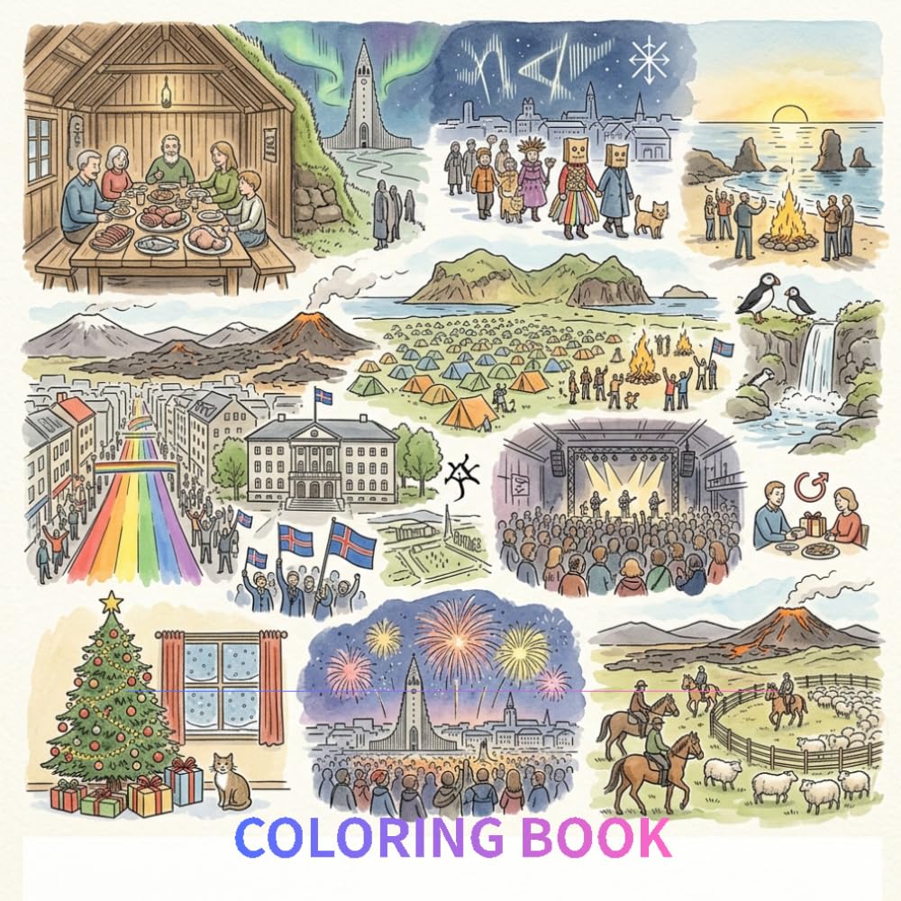 Beautifully hand-drawn coloring book that celebrates the unique and fascinating festivals of Iceland: Iceland Festivals Coloring Book for Kids & ... Cultural Traditions, Travel Line Art